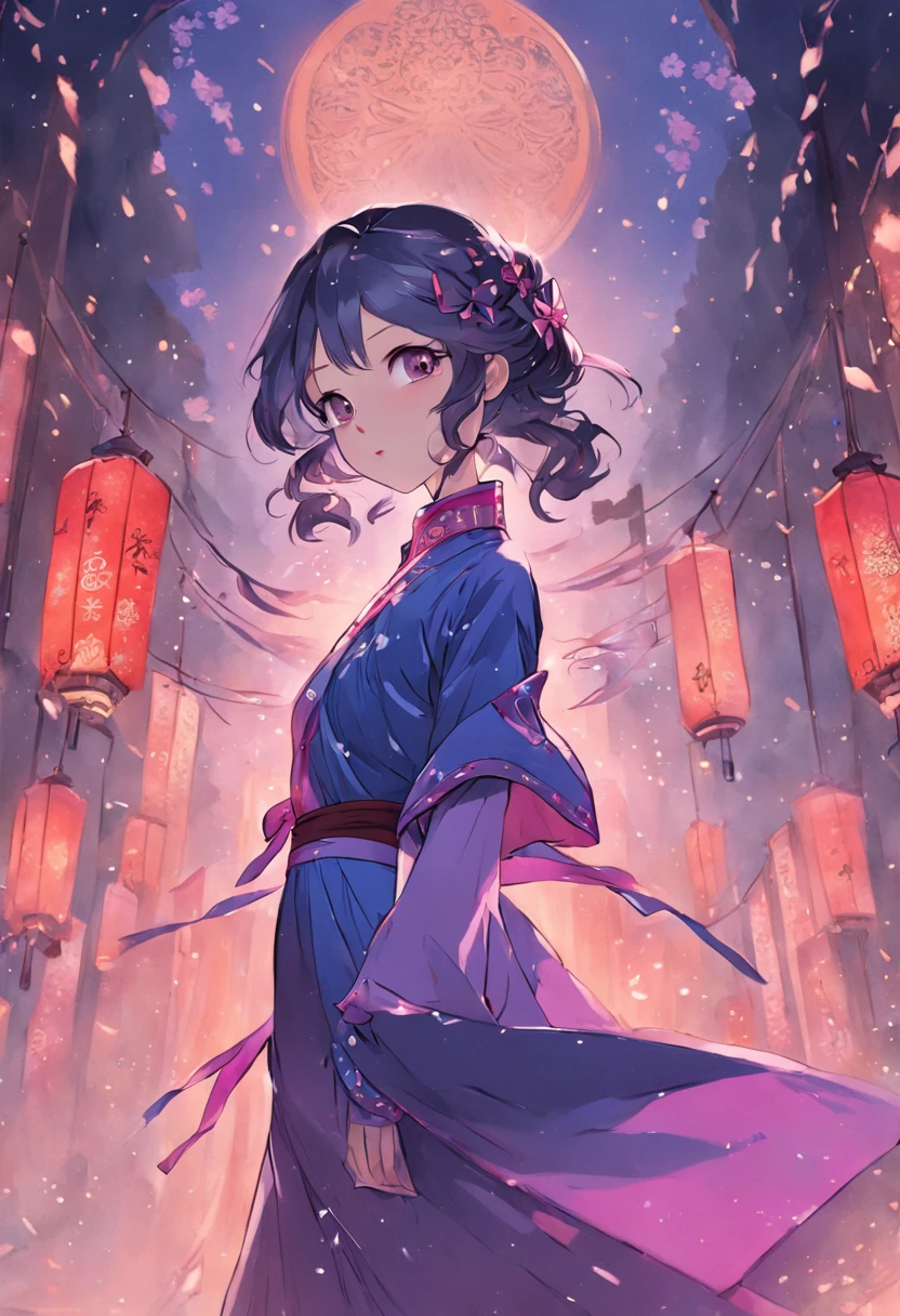 A girl in a long dress in Hanfu, younger female , There is a palace in the distance ,cabelos preto e longos, Black eyes, snow-white skin, distinct features, high poor nose, carmine small lips, purple blue with long skirt, bare shoulders and chest, The body is slender and the front is convex and upturned to show the sexiness