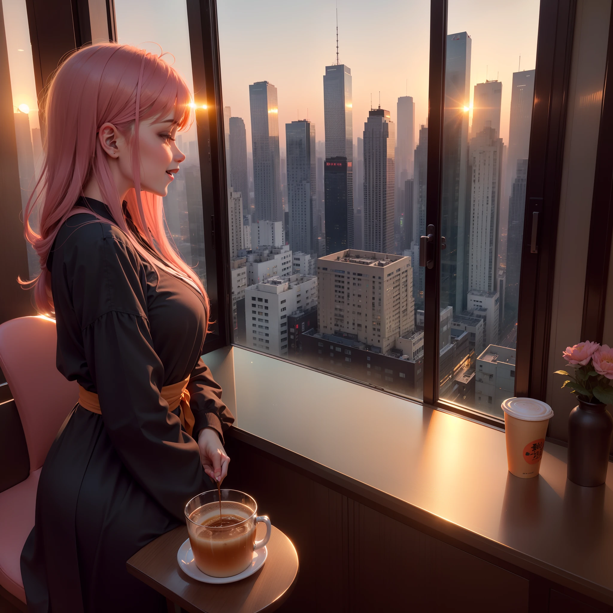at the sunset, 城市, Skyscrapers, a person々Flow of, Building windows, Warm light, Walkway, a person々, cafe terrace, Friends, Laughing, Skysky, an orange, pink there, tints, Urban hustle and bustle, Beautiful sunset, harmony
