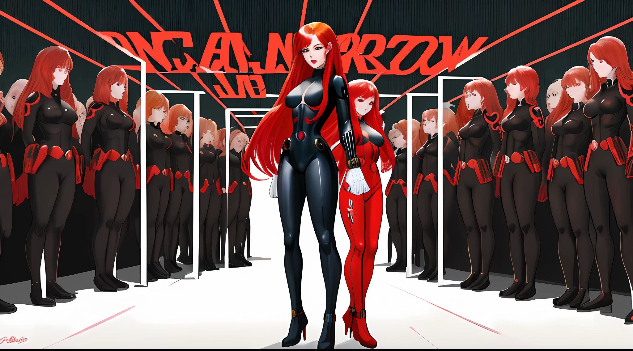 blackwidow, white background, red hair, black bodysuits, (thousands of, crowd of), identical girls, crowd shot, identical sisters, clones, matching hairstyle, matching outfit, matching face, standing at attention, in neat rows, in formation, standing in front of viewer, looking at viewer