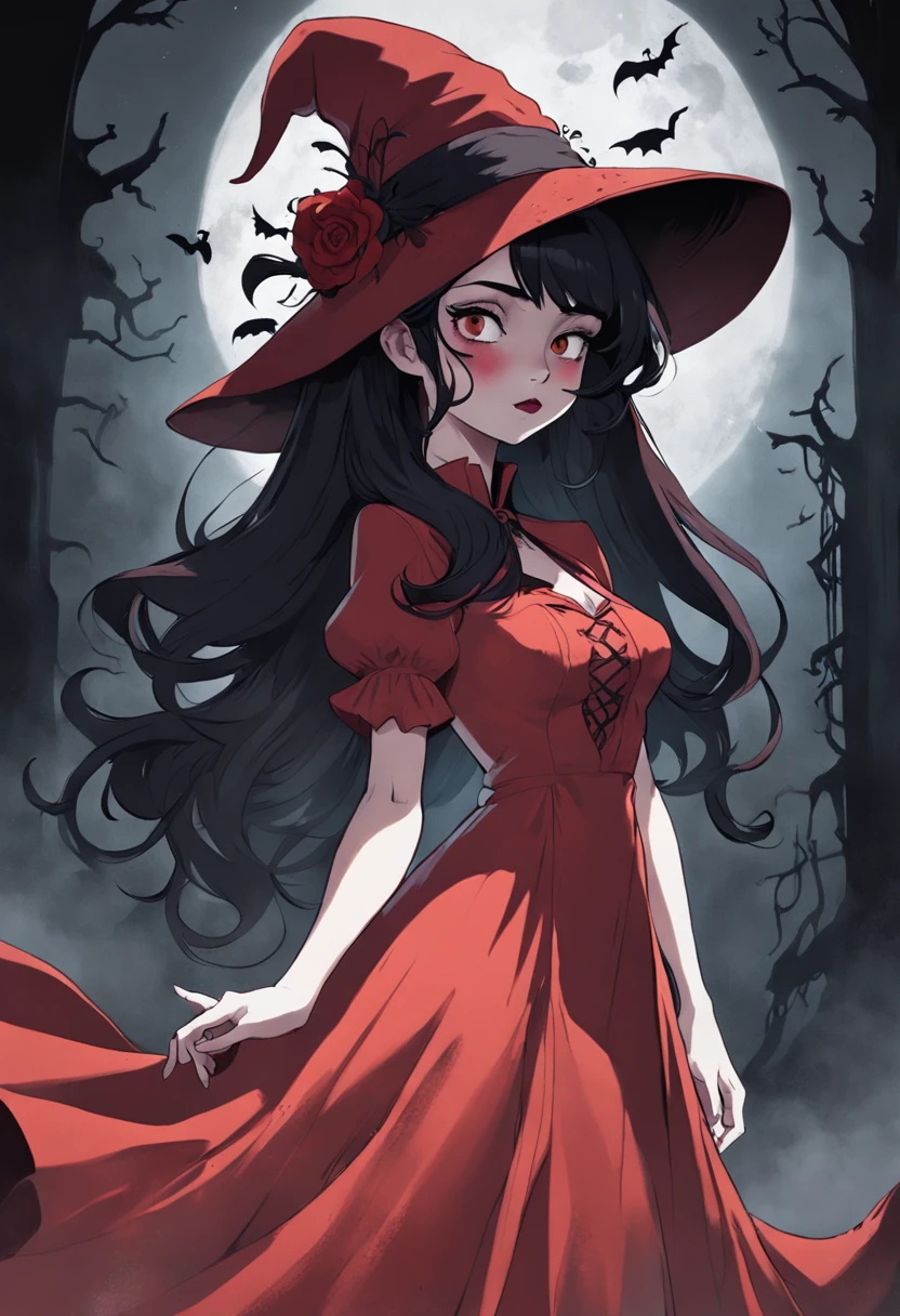 There is a woman in a red dress and a red hat, Abigail Larson, Disney-style art, Grayscale Futoto and Red Coat, Disney Art Style, Persephone as goddess of death, Disney Female Villains, Disney Art Style, beautiful drawing style, Lois Rosdraw, Red dress and witch magic hat, Red dress and hat, Inspired by Tim Burton-style Mab Graves. In style Corpse Bride. In Addams Family Style