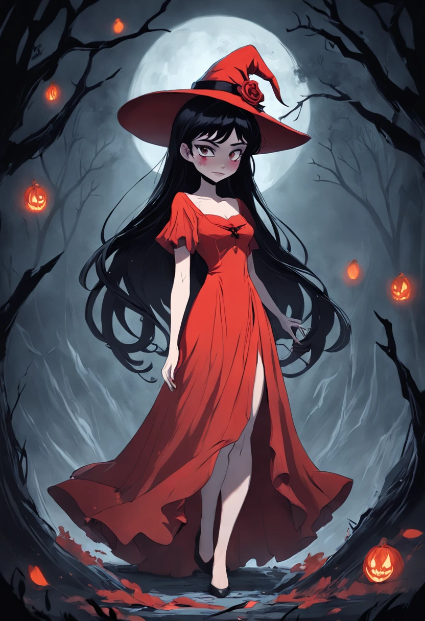 There is a woman in a red dress and a red hat, Abigail Larson, Disney-style art, Grayscale Futoto and Red Coat, Disney Art Style, Persephone as goddess of death, Disney Female Villains, Disney Art Style, beautiful drawing style, Lois Rosdraw, Red dress and witch magic hat, Red dress and hat, Inspired by Tim Burton-style Mab Graves. In style Corpse Bride. In Addams Family Style