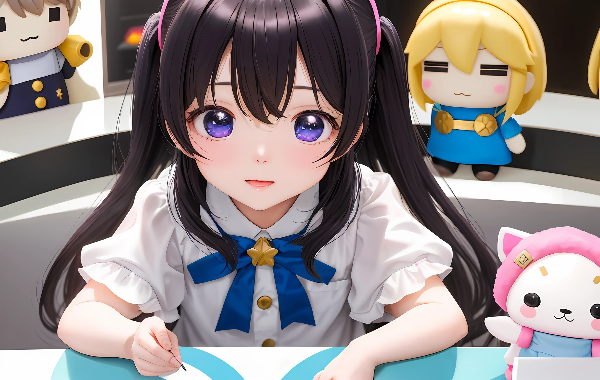 Pop Mart Blind Box IP、Close up of four cute knight dolls、Young One Angel Style、Wear longer, Dress fluently、Lop style、Poseline doll、Little people々々々。Little people々々々、unreal enginee 5、Light 3D/C4D production: 8K HD quality/illuminating/Ultra-fine lens description 1.5、flawless、Chibi Background/Cinematic。