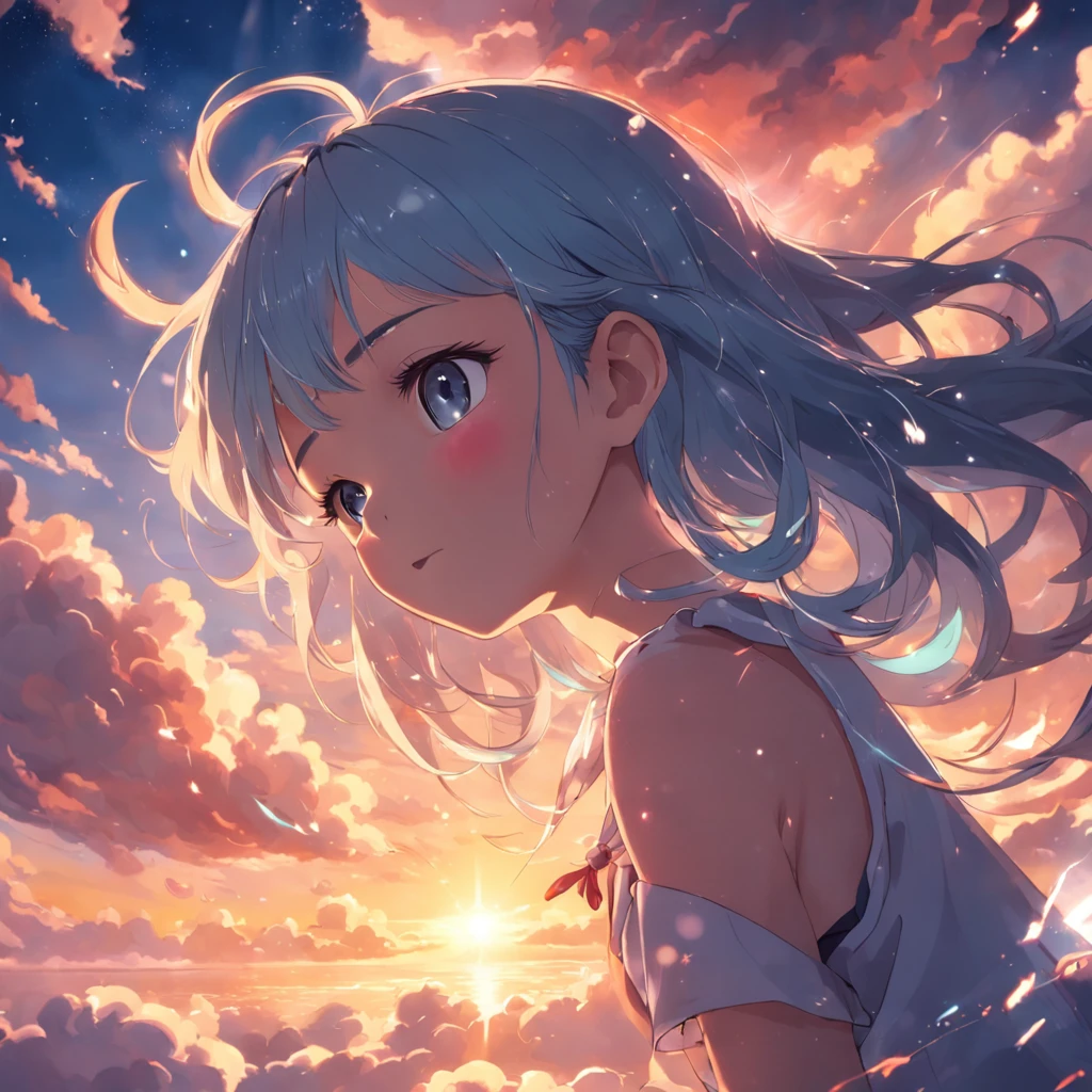 masterpiece, best quality, movie still, 1girl, cloud girl, floating in the sky, close-up, bright, happy, warm soft lighting, sunset, (sparks:0.7)