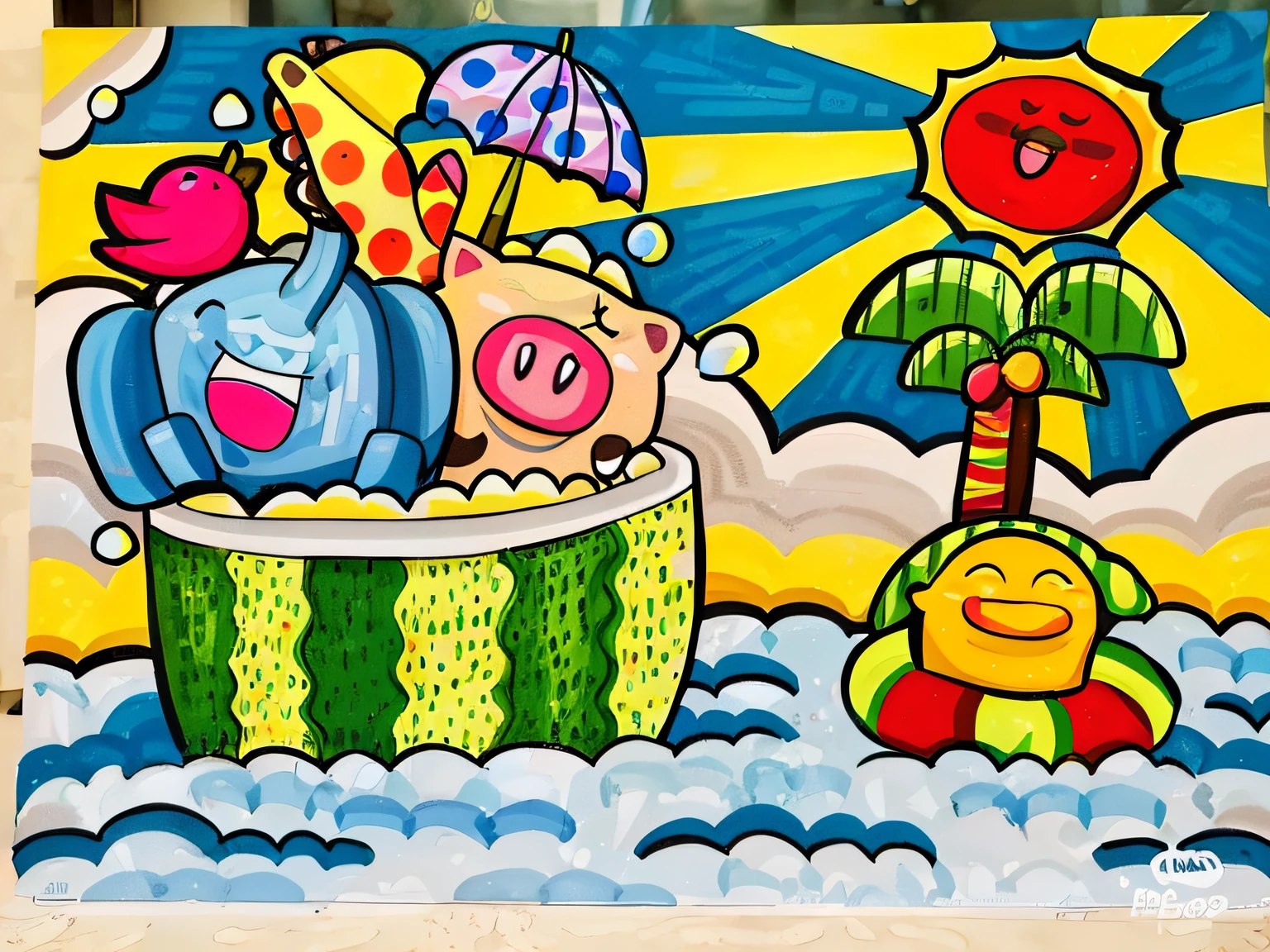 Paint a painting of a pig with a giraffe and a bird in a bathtub, hand painted cartoon art style, cartoon painting, vibrant cartoon art, inspired by Kubisi art, Inspired by Romero Brito, pop art painting, author:Romero Brito, A pop art painting, colorful doodle art, 🐿🍸🍋, Journey to the West. Pop art