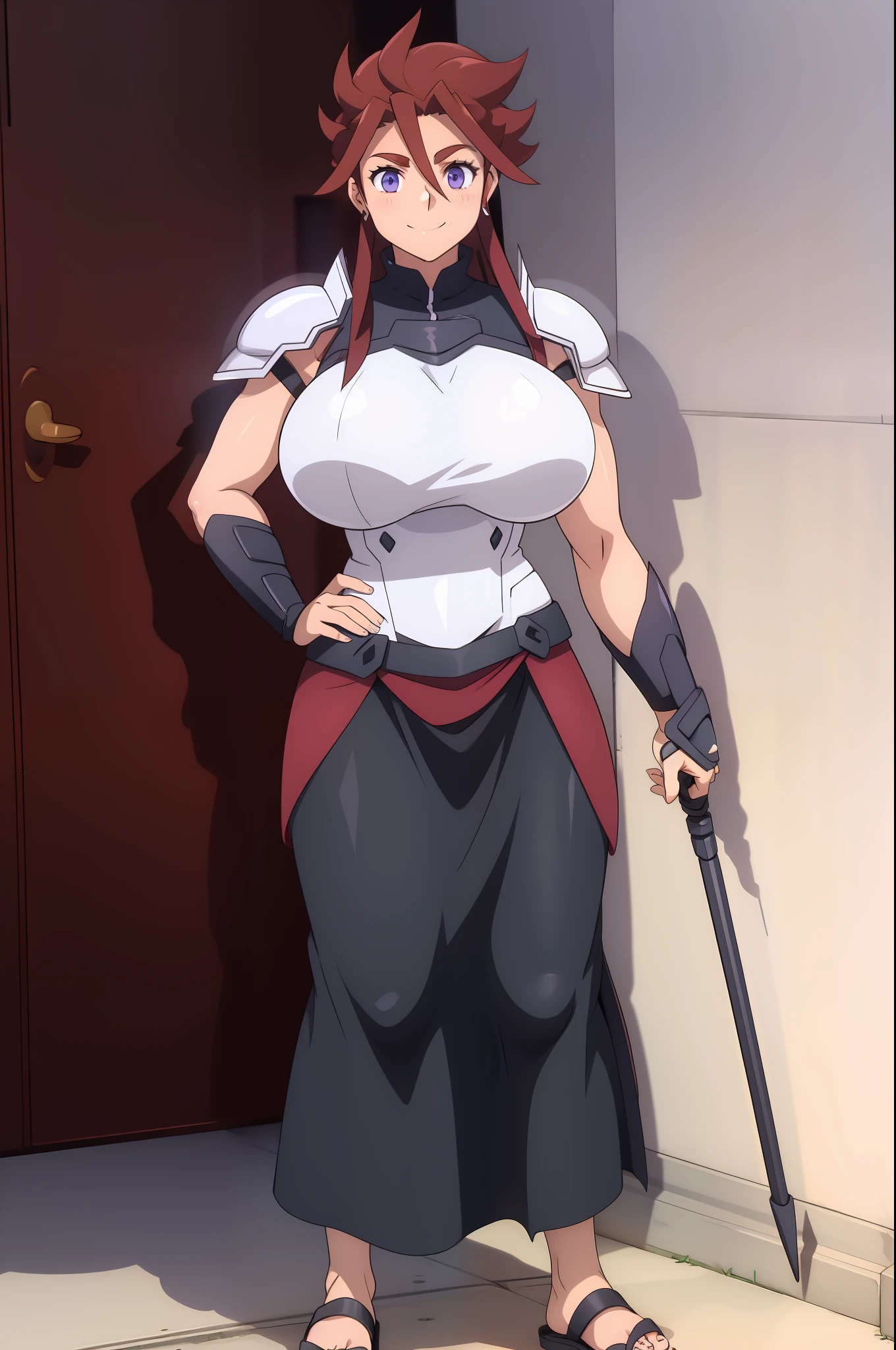 rbykoha, knight armor, long skirt, large skirt, smile, huge breast, full body, flipflops, holding (lance),standing