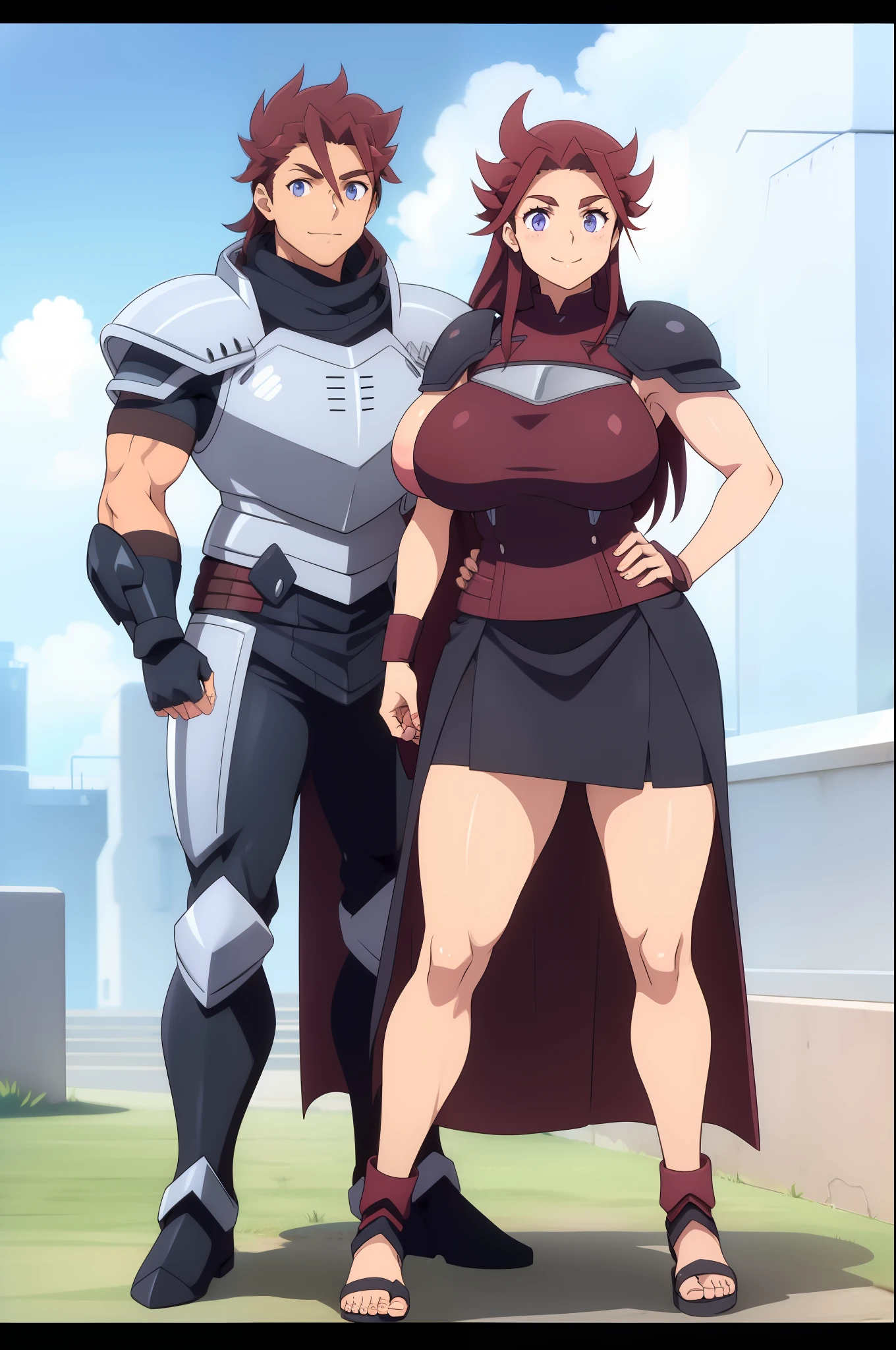 rbykoha, knight armor, long skirt, large skirt, smile, huge breast, full body, flipflops, holding (lance),standing