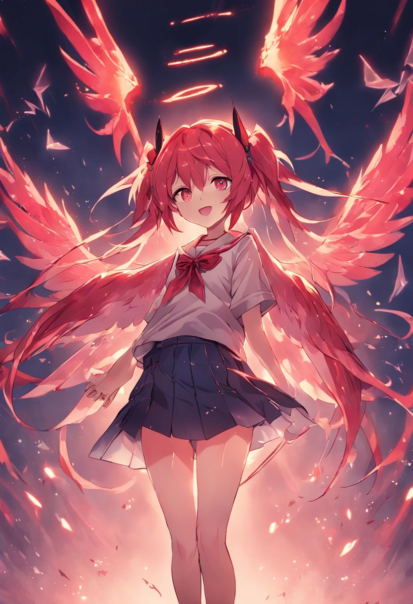 wings growing on the back、Girl with twin tails with light red hair and one horn、Girl with double teeth、nightcore、One-winged devil、No one-sided angle、Dragon Tribe Girl、Devil Girl、Dragon Tribe、yandere、Zito-order