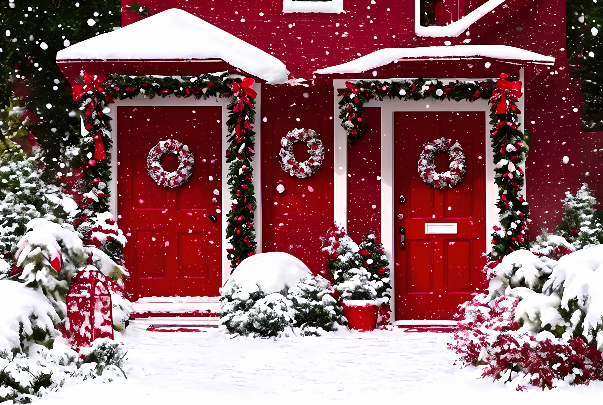 a close up of a red door with a wreath on it, red and white color schine Hamilton, hight decorated, vivid and detailed, red and white color theme, lavishly decorated, with a front porch, detailed and bright, outside in snow snowingeme, white and red color scheme, snowy winter christmas night, well decorated, with snow covered colourful red, by Ela