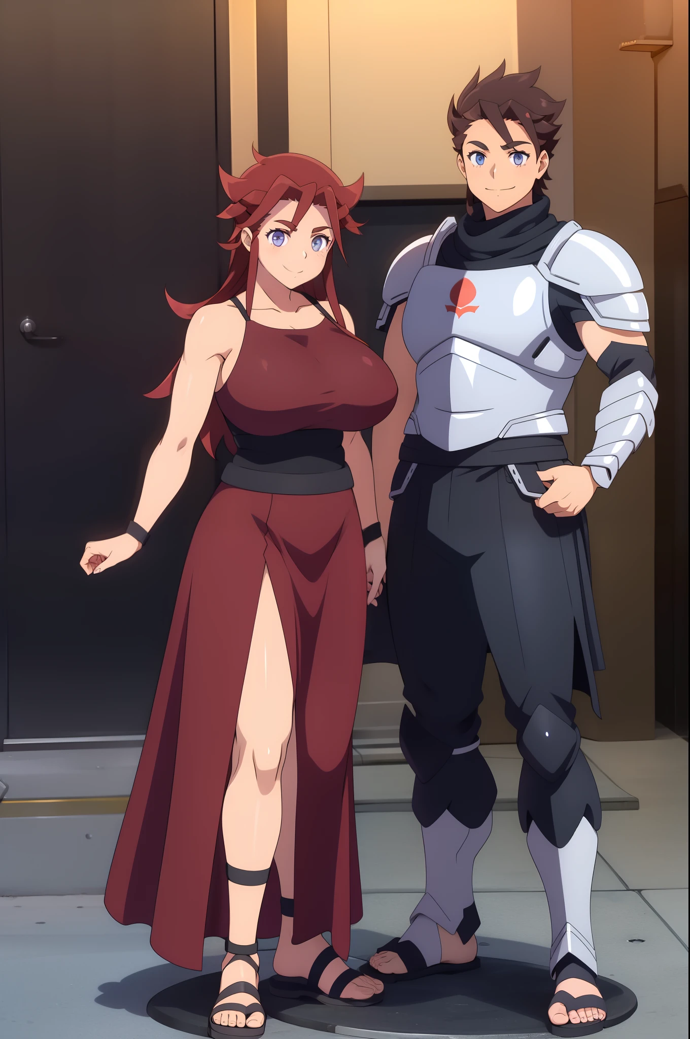 rbykoha, knight armor, long skirt, large skirt, smile, huge breast, full body, flipflops, holding (lance),standing