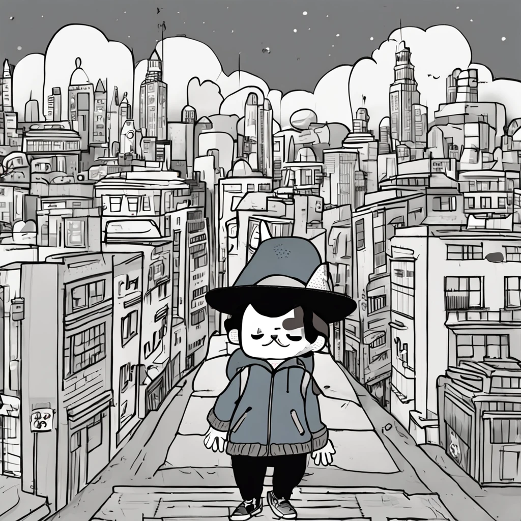 There was a Jewish., Wears a black hat with two horns on his head, Wearing gray clothes. Similar to the new cartoon, In cute style. Terrestrial cartoons. It stands on two legs,Carry a gray backpack. It stands on top of the building, Surrounded by the cityscape. That cute and stubborn face is cute. The main color scheme is grayish-blue. It belongs to the category of pan-type cartoons, Ken Sugimori's art is similar to manga, As seen in the bulb encyclopedia.