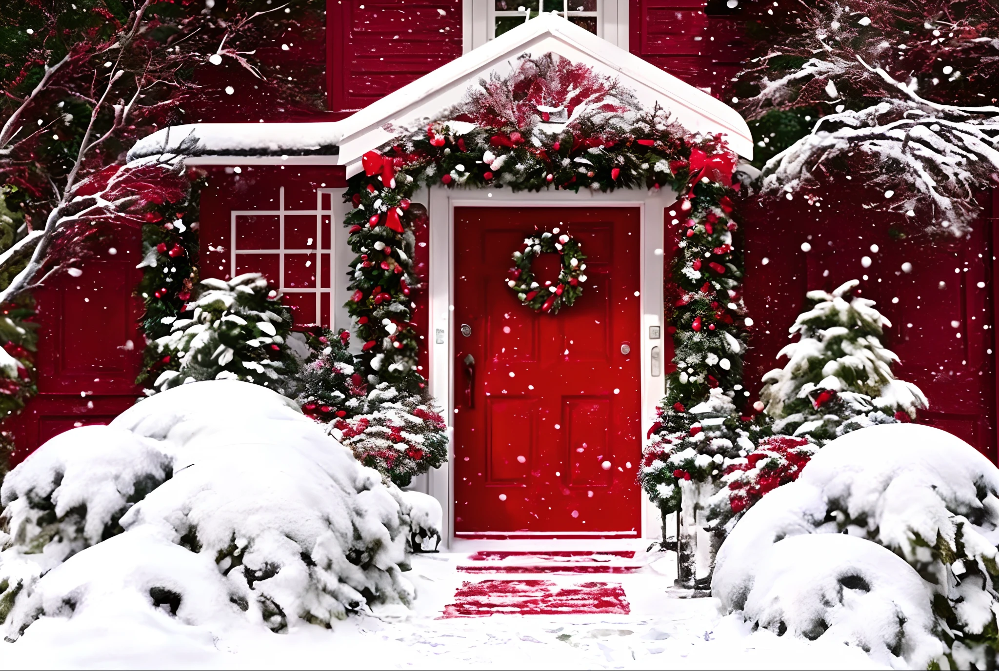 a close up of a red door with a wreath on it, red and white color schine Hamilton, hight decorated, vivid and detailed, red and white color theme, lavishly decorated, with a front porch, detailed and bright, outside in snow snowingeme, white and red color scheme, snowy winter christmas night, well decorated, with snow covered colourful red, by Ela