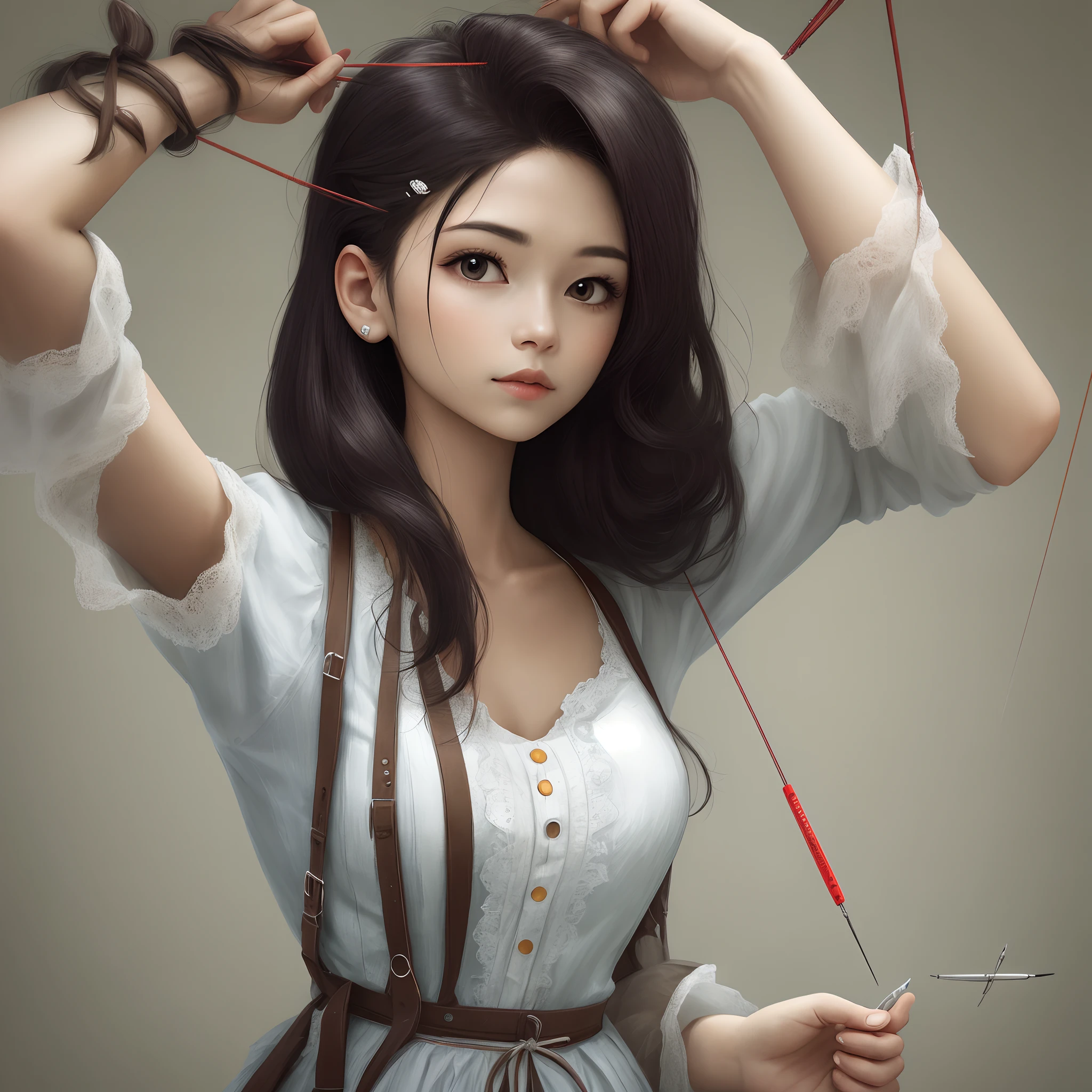 Woman with needles hanging from her hair