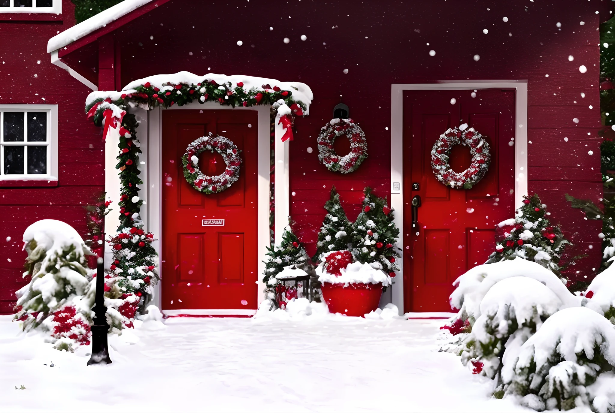 a close up of a red door with a wreath on it, red and white color schine Hamilton, hight decorated, vivid and detailed, red and white color theme, lavishly decorated, with a front porch, detailed and bright, outside in snow snowingeme, white and red color scheme, snowy winter christmas night, well decorated, with snow covered colourful red, by Ela