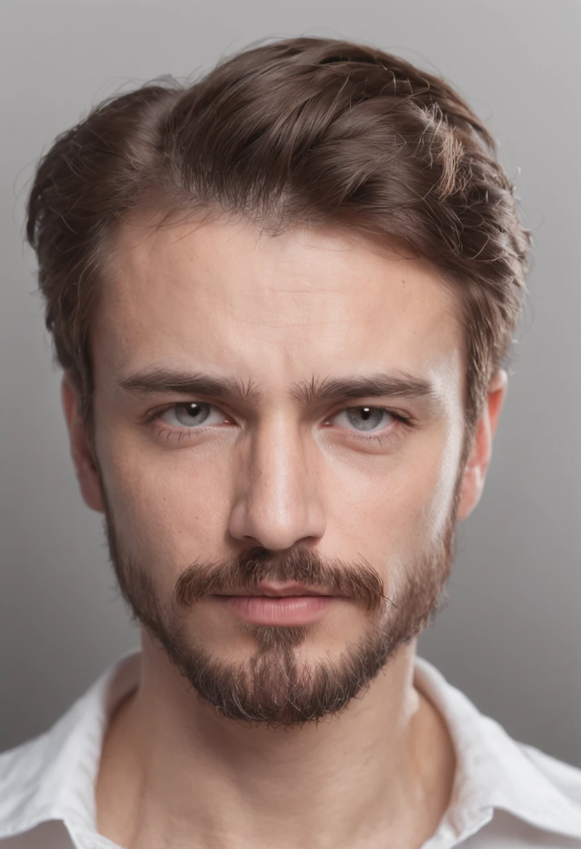 Young man with beard and mustache in white shirt, Sehr attraktiver Mann mit Bart, gepflegte Gesichtsbehaarung, Pretty, atemberaubend, realistisch, Ultra-realistisches Bild, natural mustache, soft portrait shot 8 k, Highly detailed portrait, dicker Schnurrbart, Hyperrealistischer Stil, thin beard, kurze Gesichtsbehaarung, Bartstoppeln, Pretty, detailliertes Gesicht, ultra realistic portrait