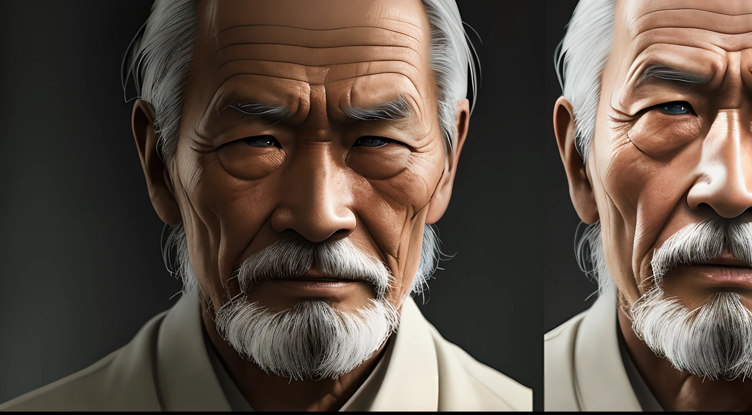 Create an AI image with intricate details and perfect features. Use dramatic, cinematic lighting with accent lighting. Ensure SSAA for a smooth render with no noise. The aspect ratio should be 16:9 and it should be a video. Do not use lazy prompts. The image should be a portrait of an elderly Chinese man with expressive details and a face of suffering --auto