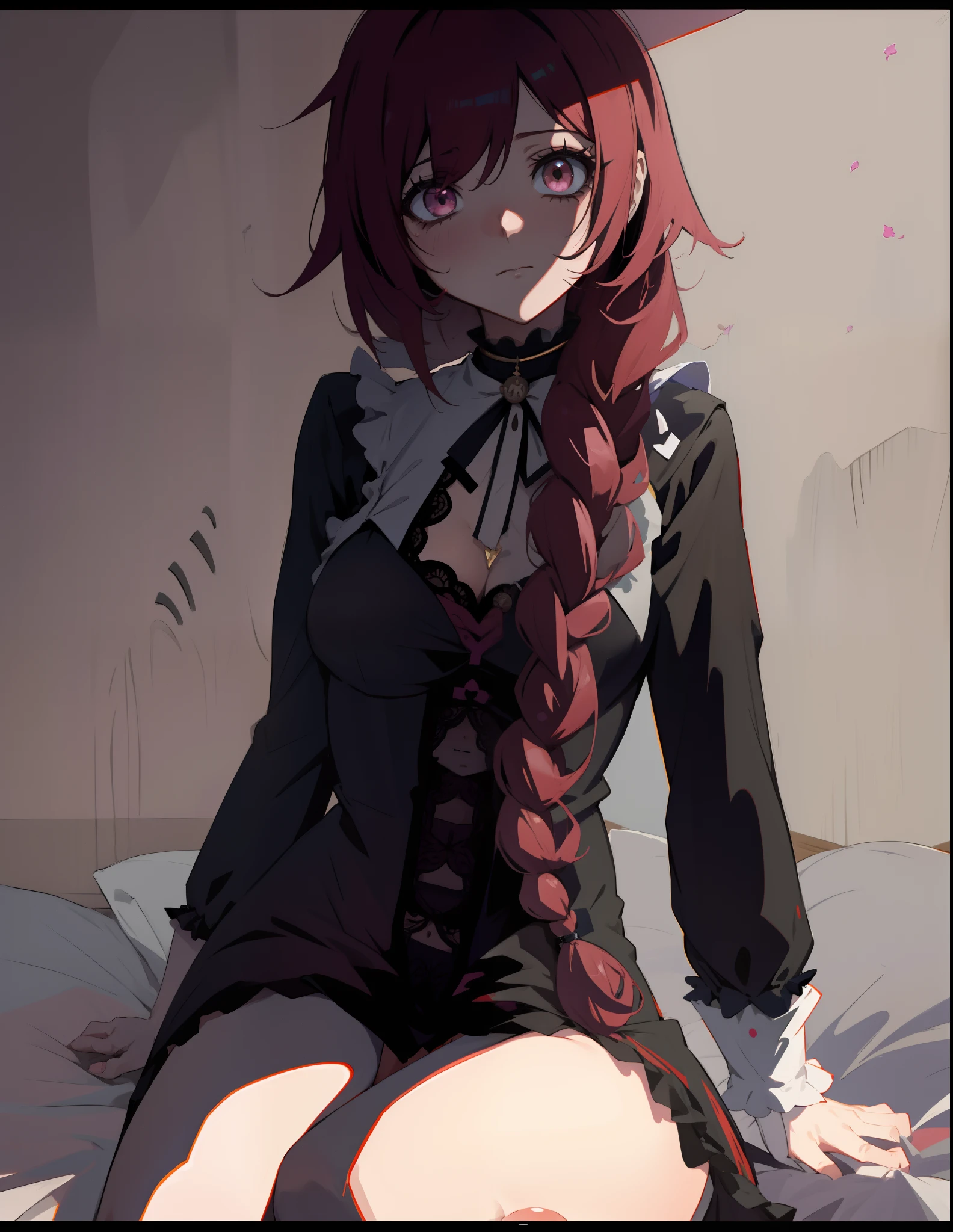 Chica de anime con cabello largo y rosa sentada en la cama con lenceria negra, 17 - years old - Anime goth girl, Arte digital de Danganronpa, Una chica de anime, seductora chica de anime, Chica anime, anime artstyle, Obras de arte al estilo de Guweiz, Chica anime con un vestido negro, Personaje de anime, Anime Moe Artstyle, Estilo anime, obra de arte, monja, babydoll, trenza larga, expresion apenada, pechos enormes, escote, escote extremadamente detallado, lenceria abierta que deja ver sus pechos y el vientre