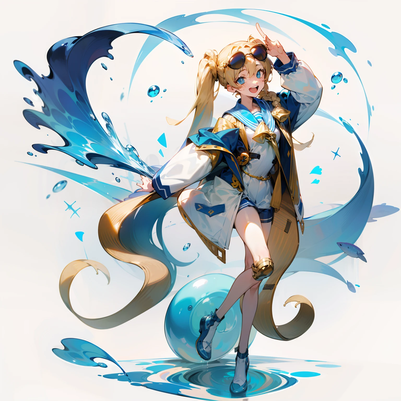 [White background 1::5]，Game stand up drawing style，1girll，Gold double straight braids，blue color eyes，laughingly，adolable，Sunglasses on the head，a sailor suit，full bodyesbian，water particulate，Water ring