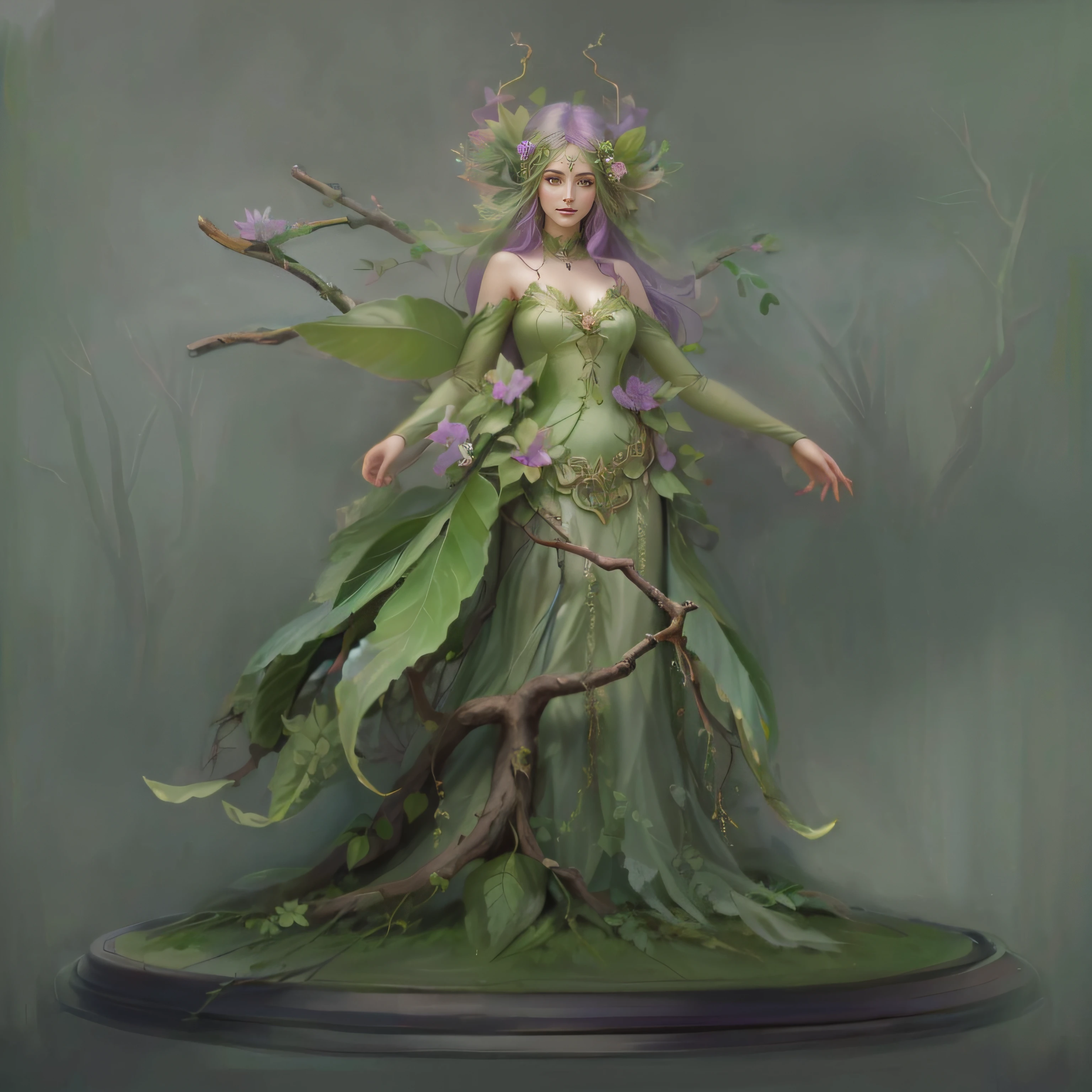 A plant girl,Dryad,Flower Fairy,Flirtatious,Fighting posture,Eggplant plant,Wear purple,green long hair,Systemic toxicity,Glamorous,full body concept,Picture quality HD,spells,casting spells,Fighting posture,tree branch,foliage,k hd,filigree,tmasterpiece