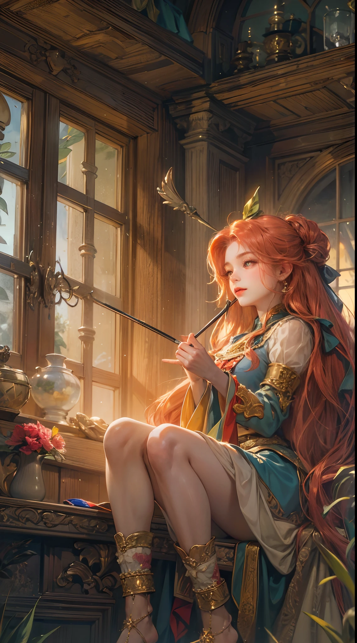 (absurdres, highres, ultra detailed, HDR), masterpiece, best quality, legend of mana character, heroine, detailed face, beautiful face with decorative sticks on hair, seraphina staring at the window inside home, detailed character, detailed indoor, detailed home, night time