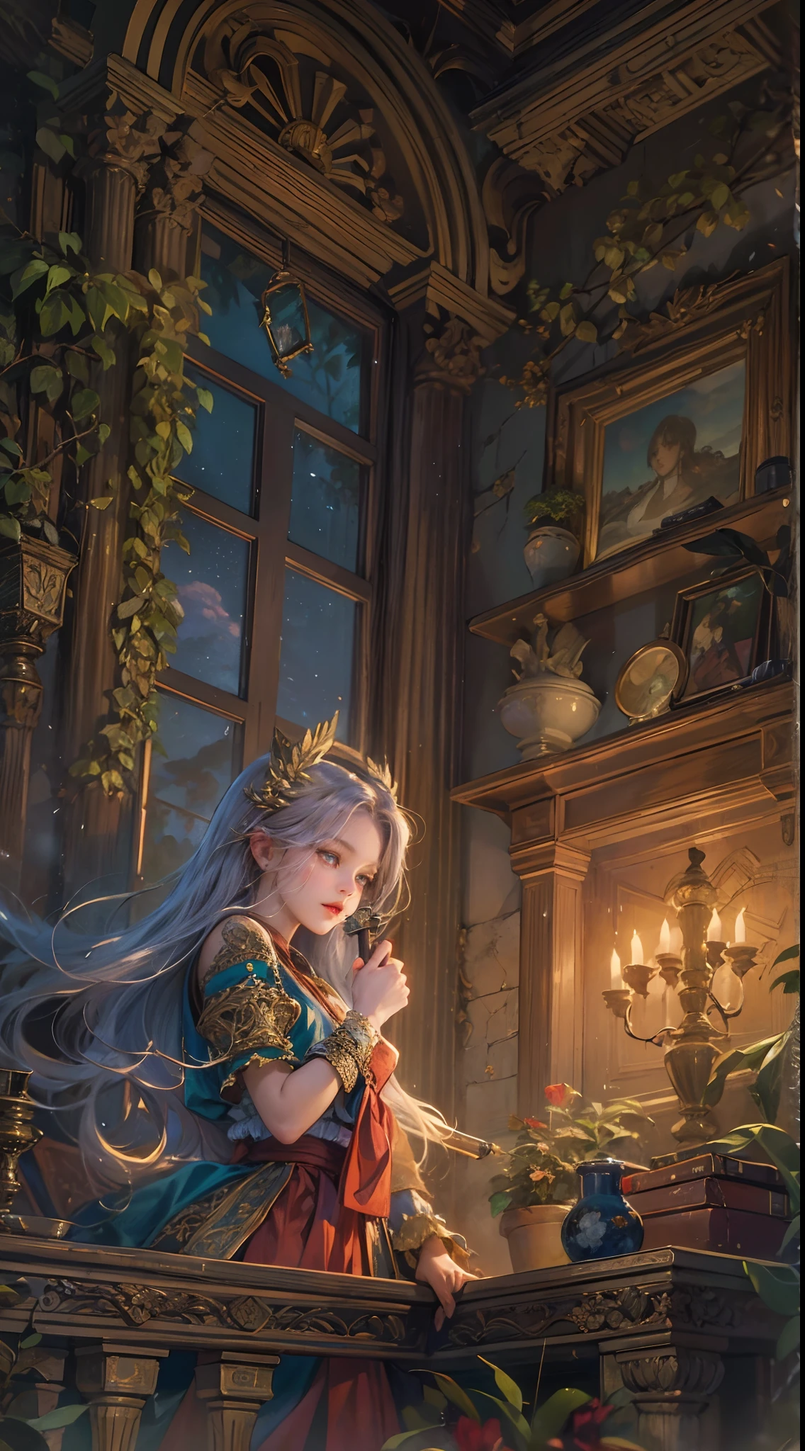 (absurdres, highres, ultra detailed, HDR), masterpiece, best quality, legend of mana character, heroine, detailed face, beautiful face with decorative sticks on hair, seraphina staring at the window inside home, detailed character, detailed indoor, detailed home, night time