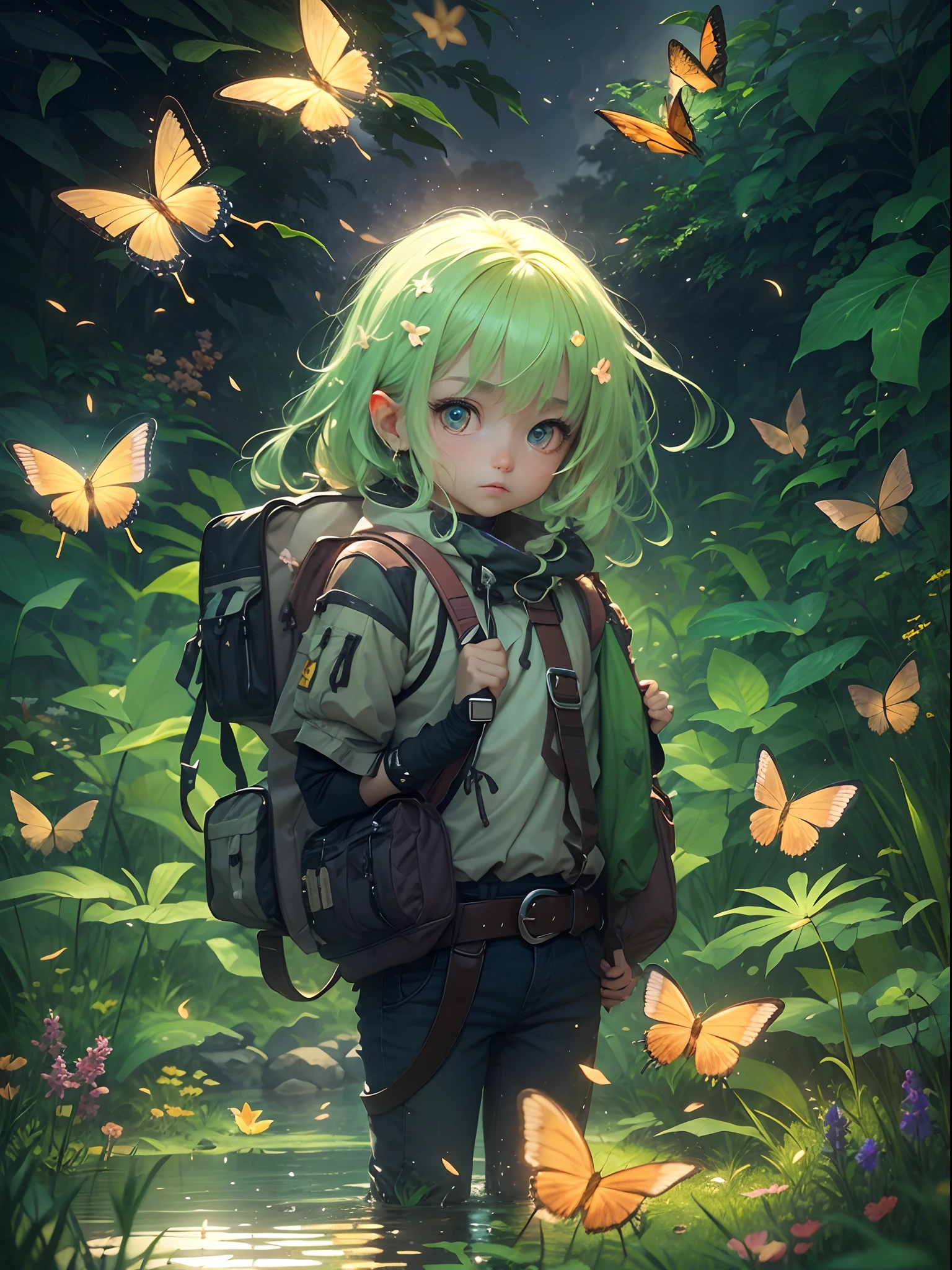 （（best qualtiy））， （（tmasterpiece））， （A detailed：1.4），Enhanced dynamic perspective，jungles，nighttime scene，starrysky，（darkly：1.4），（（Baby adventurer standing in front of supergiant butterfly，Butterflies spread their huge wings，shimmering under the moonlight，A starry stream flowed in front of him）），Crocodiles float on the water，（Adventurer backpack），（weeds），florals，（（（adventurer clothing））），Glow effects，super-fine，Works of masters，high qulity，8K分辨率，depth of fields，电影灯光，Epic shooting，high qulity，super-fine，Detailed pubic hair，Accurate，Cinematic lighting，