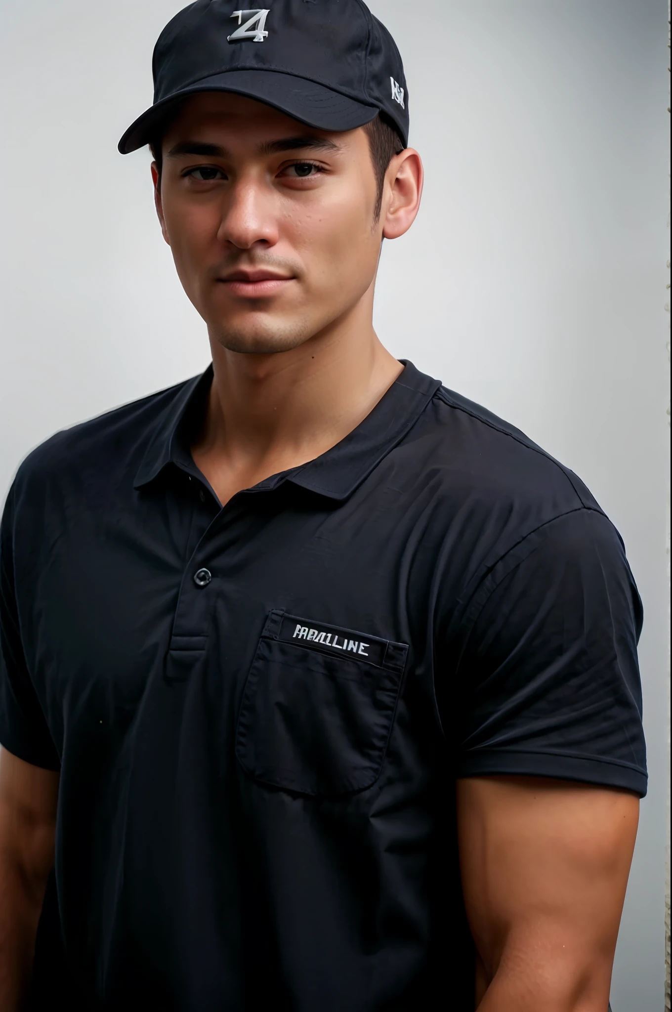 Arafed man wearing a baseball cap and a black jersey, em camiseta, foto oficial do produto, vestindo uma camisa polo azul escuro, wearing a navy blue utility cap, inspirado em Albert Guillaume, vestindo uma camiseta, extremely high-resolution, inspired by Eugène Brands, foto de um homem, camiseta, T - Camisa, sem texto, Macho sorridente, fotografiarrealista, fotografia, obra-prima, realista, Realismo, renderizado, Alto contraste, Arte Digital, fotográficorealista, trend in Artstation 8k HD, high definiton, circunstanciado, Realistic, detalhada, textura da pele, hiperdetalhada, Textura realista da pele, melhor qualidade, ultra high-resolution, (fotografiarrealista: 1.4), alta resolução, detalhada, fotografia crua, Crisp resolution, nikon d850 filme, fotografia de stock 4, Kodak Portra 400 Camera F1 Lens.6, textura hiper realista, lighting dramatic, Unrealistic trend in Artstation Cinestill 800, RAW. Directed by: Lee Jeffries.