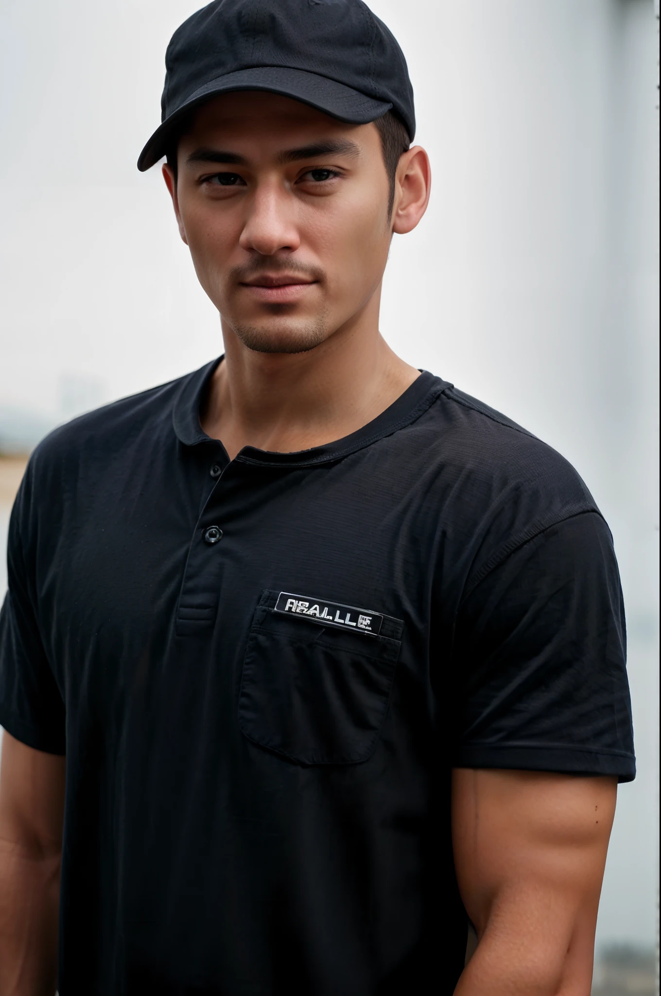 Arafed man wearing a baseball cap and a black jersey, em camiseta, foto oficial do produto, vestindo uma camisa polo azul escuro, wearing a navy blue utility cap, inspirado em Albert Guillaume, vestindo uma camiseta, extremely high-resolution, inspired by Eugène Brands, foto de um homem, camiseta, T - Camisa, sem texto, Macho sorridente, fotografiarrealista, fotografia, obra-prima, realista, Realismo, renderizado, Alto contraste, Arte Digital, fotográficorealista, trend in Artstation 8k HD, high definiton, circunstanciado, Realistic, detalhada, textura da pele, hiperdetalhada, Textura realista da pele, melhor qualidade, ultra high-resolution, (fotografiarrealista: 1.4), alta resolução, detalhada, fotografia crua, Crisp resolution, nikon d850 filme, fotografia de stock 4, Kodak Portra 400 Camera F1 Lens.6, textura hiper realista, lighting dramatic, Unrealistic trend in Artstation Cinestill 800, RAW. Directed by: Lee Jeffries.