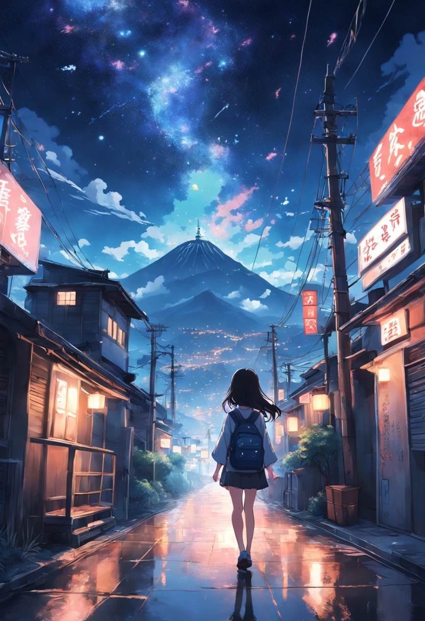 Behind the back of a woman walking towards a city city、Denim on white t-shirt、Casket、Starry sky、2 days and months、Dreamy scenery、From a distance、Scenic Main Neon Street、night sky full of stars、2 days and months、dreamlike landscape、From a distance、Landscape Main、Scenery Main、the wind、TOKYOcty、near future