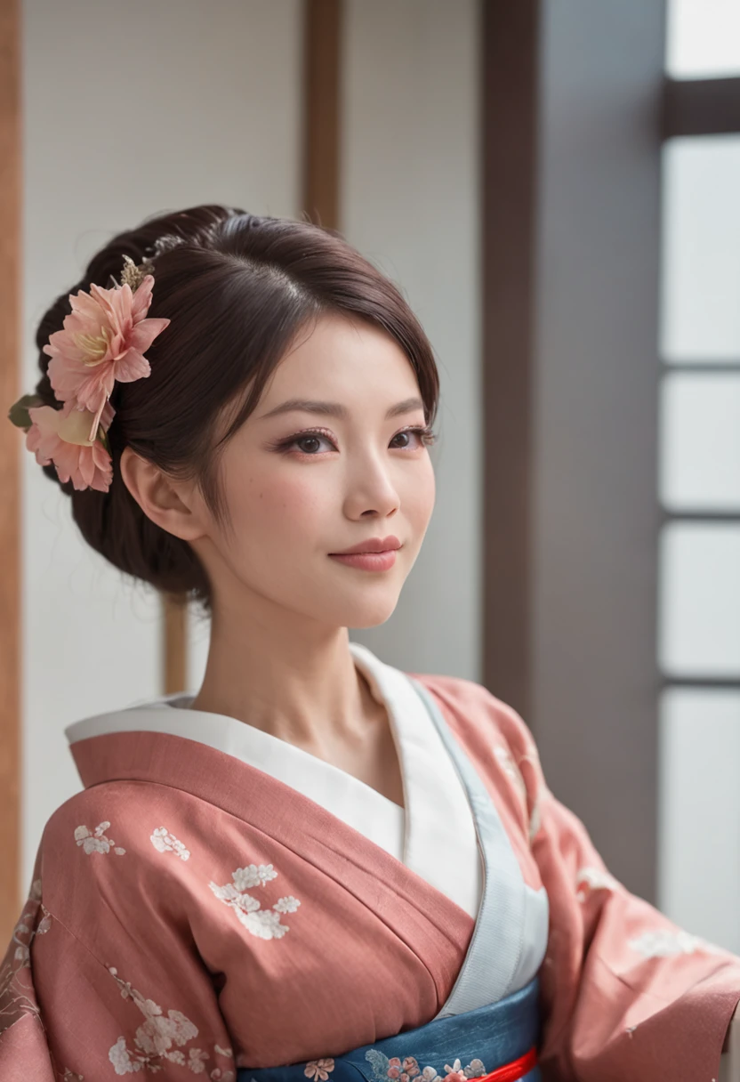 a beautiful japanese woman, kimono, large breast, best quality, masterpiece, ultra high res, photorealistic, looking at the horizon, smile