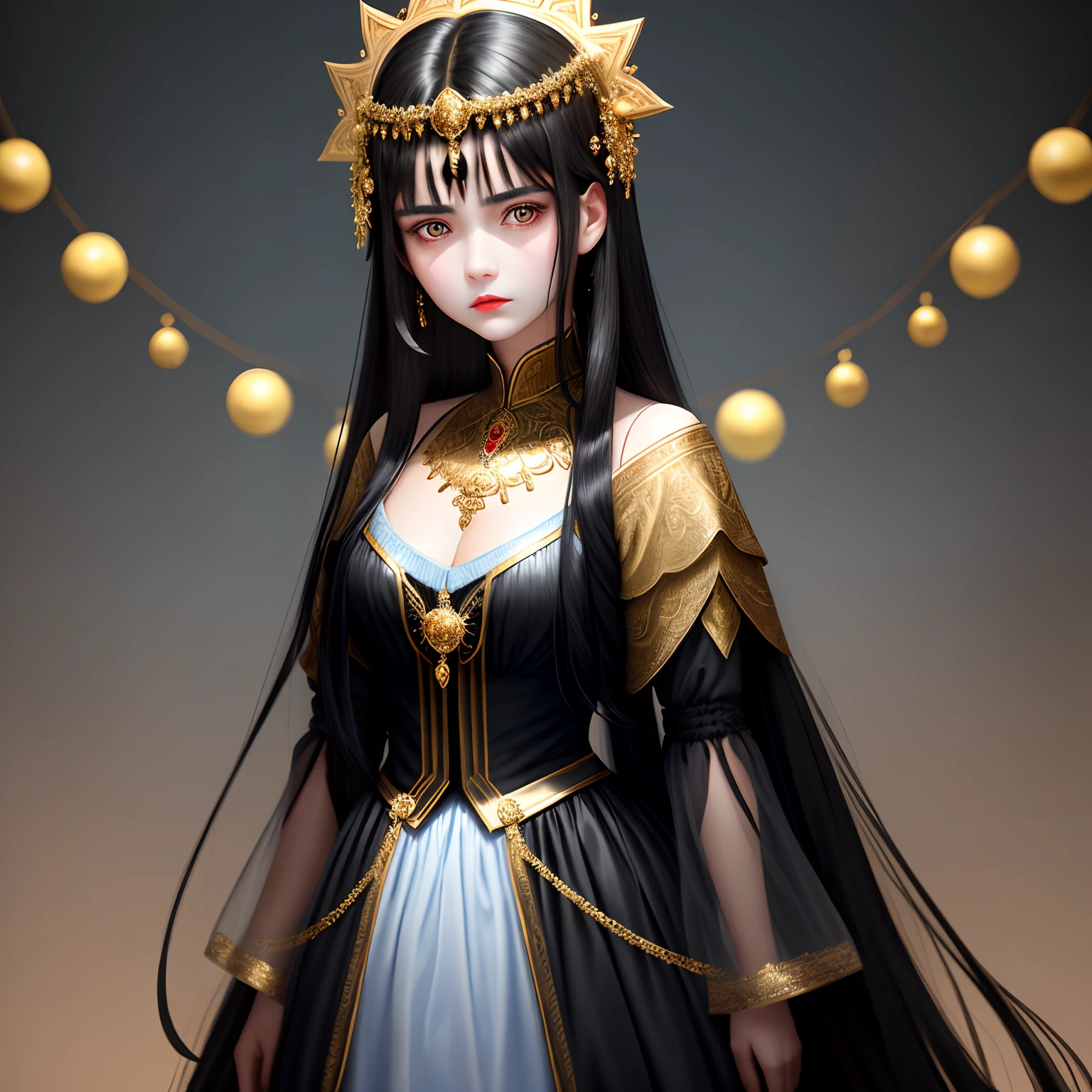 Black Haired Woman,The look sad,Sky-blue pupils,Red transparent lips,There are heavy gold ornaments on the head,Wear a light gauze garment,