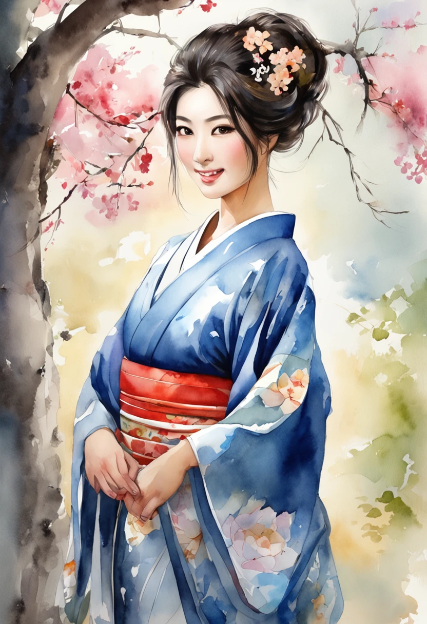 a beautiful japanese woman, kimono, large breast, best quality, masterpiece, ultra high res, photorealistic, looking at the horizon, smile