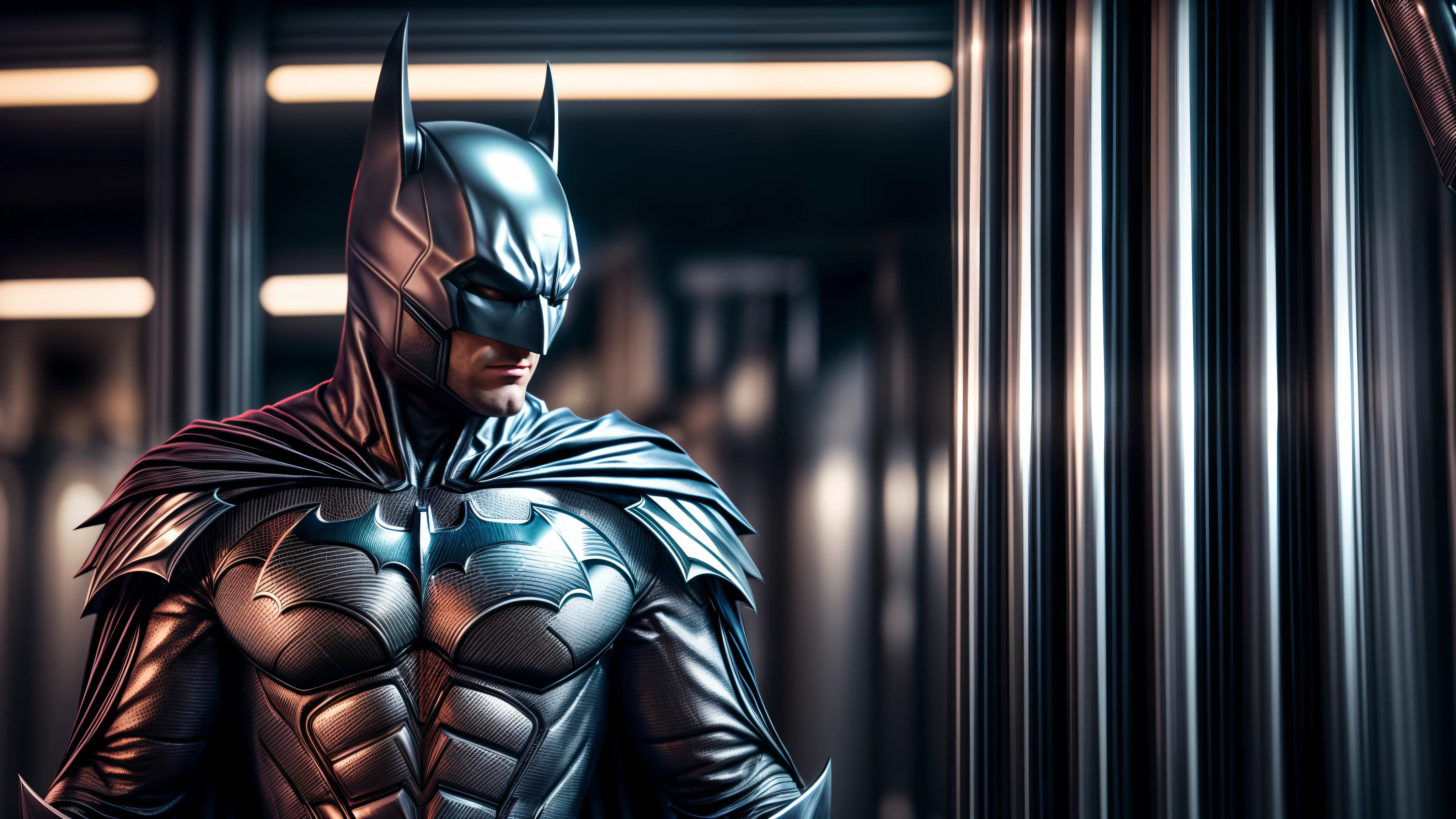 An intricate silver batman cybiotics suit, extremely detailed suit, futuristic batman, micro-details, photorealism, one light, dark photo, deep shadows, shallow depth of field, photorealistic, Surrealism, high quality, masterpiece, 8k, 8k, super detail