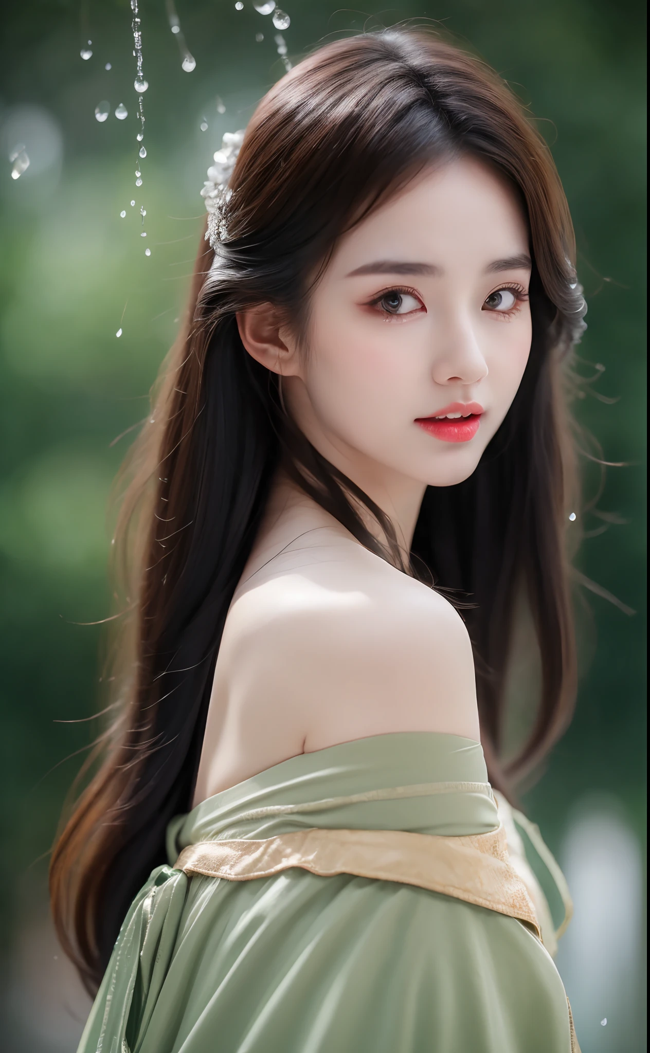 ((Best Quality, 8k, Masterpiece: 1.3)), Focus: 1.2, Perfect Body Beauty: 1.4, Buttocks: 1.2, ((Layered Haircut)), (Wet Clothes: 1.1), (Rain, Street:1.3), (Breasts: 1.2), (Hanfu: 1.2), Bare Shoulders, Bare Legs, Highly Detailed Face and Skin Texture, Fine Eyes, Double Eyelids, Whitened Skin, Long Hair, (Shut Up: 1.5), (Bokeh Background: 1.5), Big Breasts