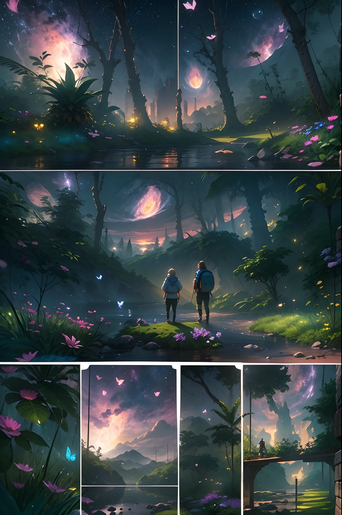 （（best qualtiy））， （（tmasterpiece））， （A detailed：1.4），Enhanced dynamic perspective，jungles，nighttime scene，starrysky，（darkly：1.4），（（Baby adventurer standing in front of supergiant butterfly，Butterflies spread their huge wings，shimmering under the moonlight，A starry stream flowed in front of him）），Crocodiles float on the water，（Adventurer backpack），（weeds），florals，（（（adventurer clothing））），Glow effects，super-fine，Works of masters，high qulity，8K分辨率，depth of fields，电影灯光，Epic shooting，high qulity，super-fine，Detailed pubic hair，Accurate，Cinematic lighting，