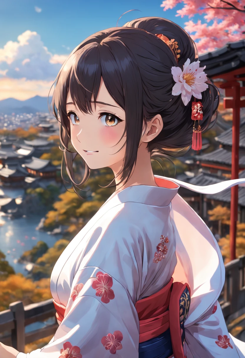 a beautiful japanese woman, kimono, large breast, best quality, masterpiece, ultra high res, photorealistic, looking at the horizon, smile