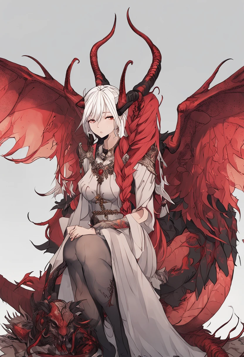 Devil girl with red hair twin tails and small horns、Elven ears with dragon eyes、large black feathers on the back,、Flame tattoos all over the body、Fallen Angel、Halo、Demons、Ryujin
