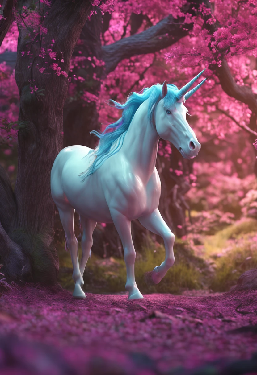 Front view: unicorn, caminhando na floresta, unicorn with penis, real, 8k, pele realista, floresta rel