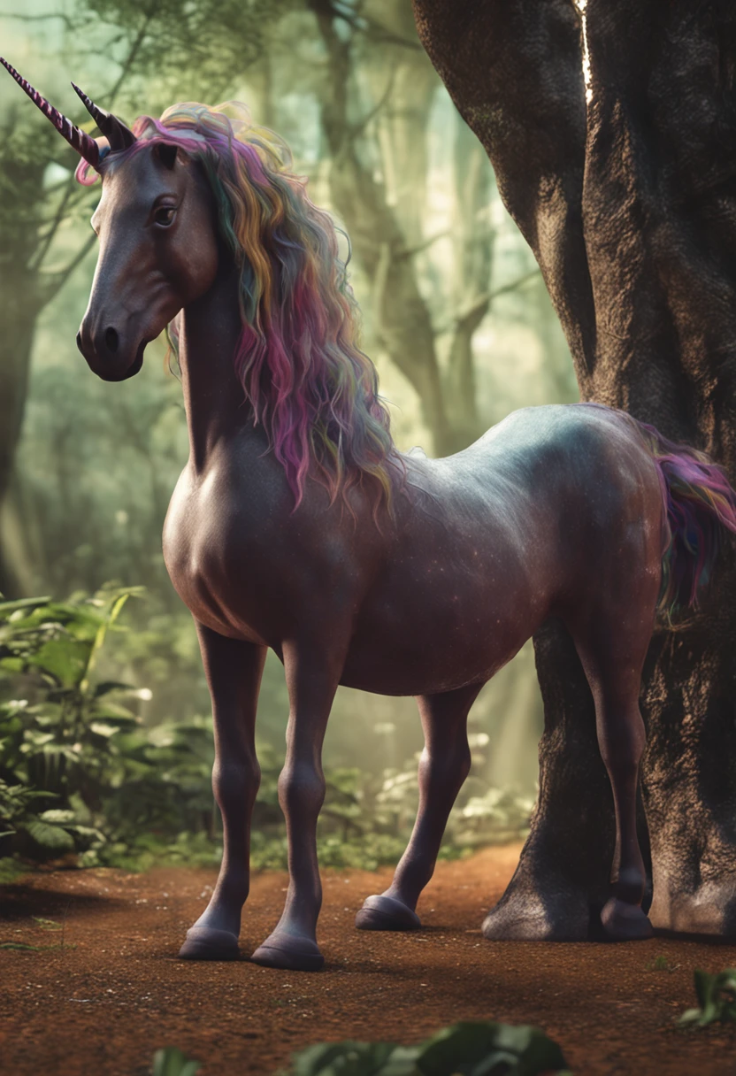 Front view: unicorn, caminhando na floresta, unicorn with penis, real, 8k, pele realista, floresta rel