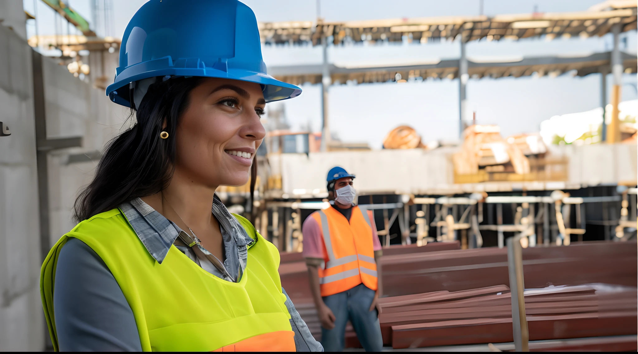 there are two people in construction gear standing on a construction site, portrait shot, construction, closeup photograph, civil engineer, people at work, photo taken in 2 0 2 0, portrait, cover shot, worksafe. instagram photo, safe for work, superior look, wearing hi vis clothing, advertising photo, promo image, pictured from the shoulders up, photo portrait