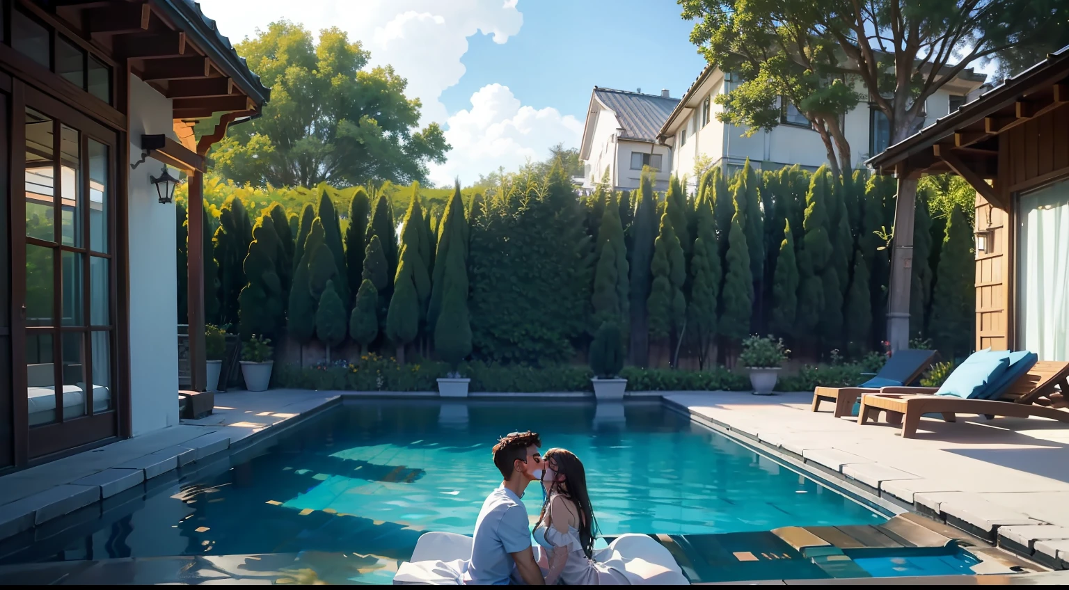 Expansive photos，（look from down，Above is the sky，Below is the courtyard，There is also a sparkling swimming pool next to it），[(One girl and one guy)+(Kiss in the wind)]，（Starcloud：1.1），Far Mountain, The tree，（Warm light source：1.2），detail-rich，plethora of colors，Glowing pool water