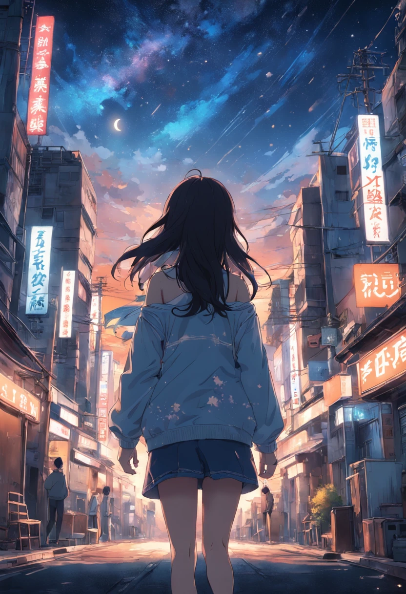 A woman walking down a street in a city at night - SeaArt AI