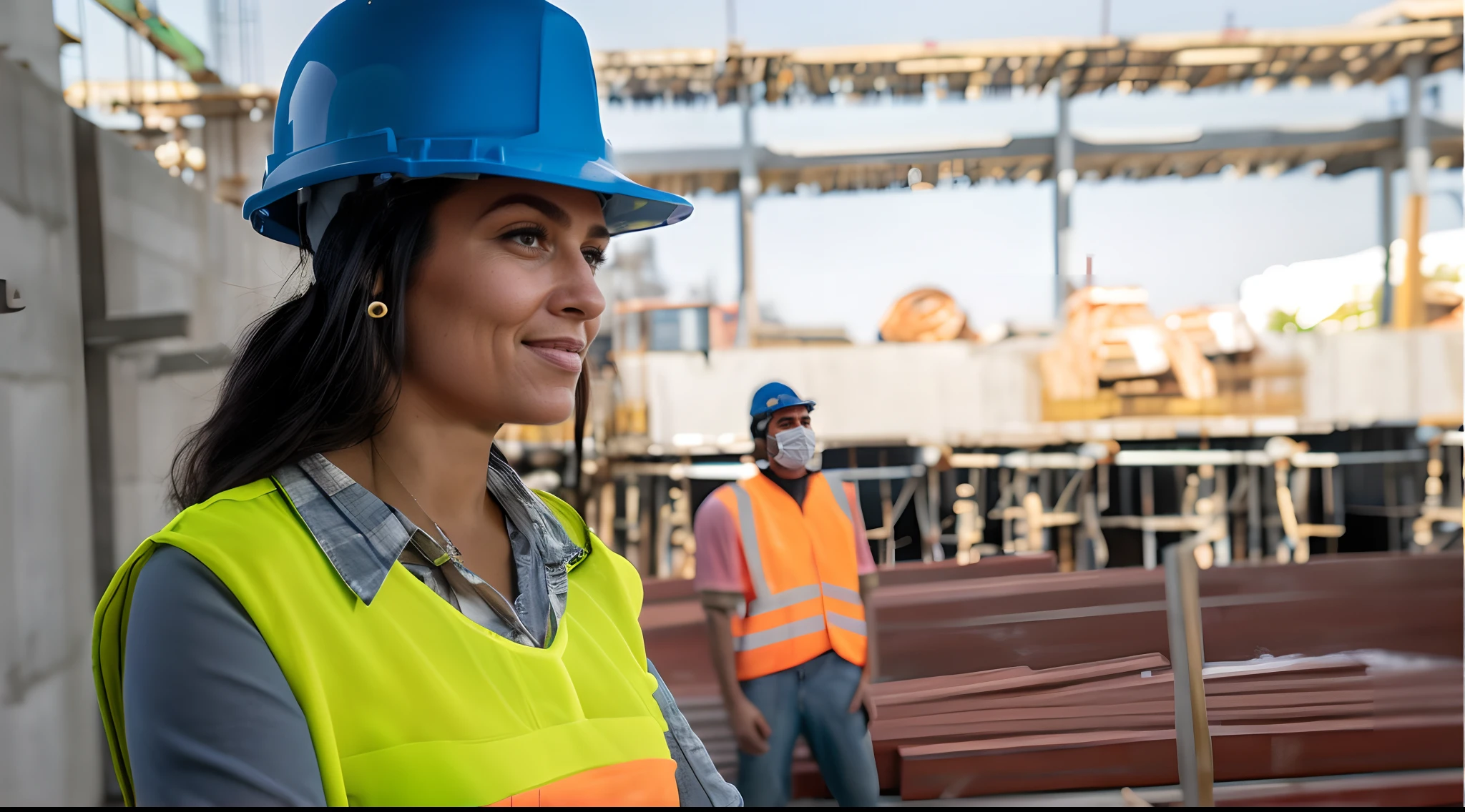 there are two people in construction gear standing on a construction site, portrait shot, construction, closeup photograph, civil engineer, people at work, photo taken in 2 0 2 0, portrait, cover shot, worksafe. instagram photo, safe for work, superior look, wearing hi vis clothing, advertising photo, promo image, pictured from the shoulders up, photo portrait