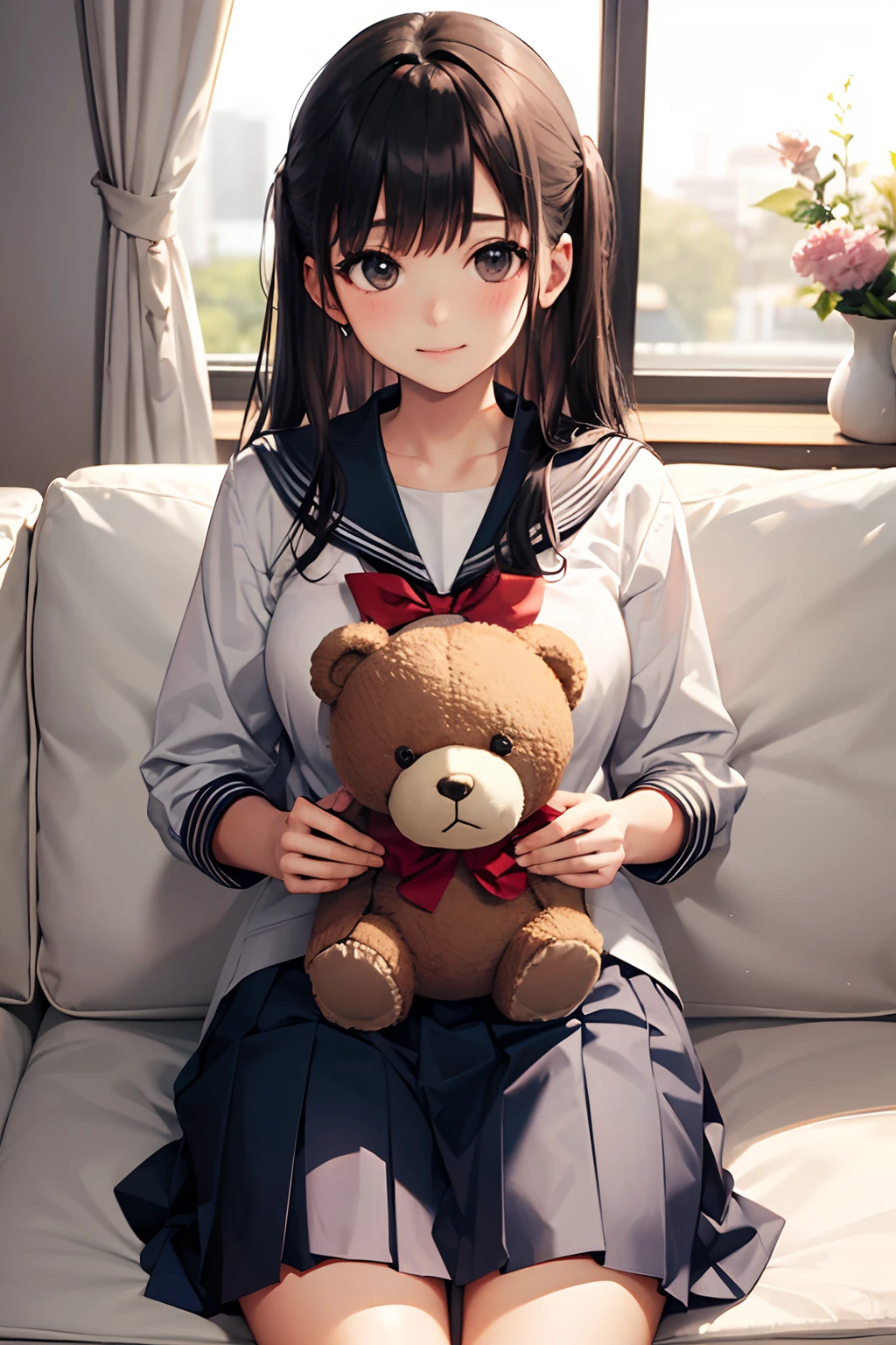 Cute schoolgirl sitting on sofa with giant teddy bear, japanese girl school uniform, School Girl, wearing japanese school uniform, Japan school uniform, Holding a teddy bear