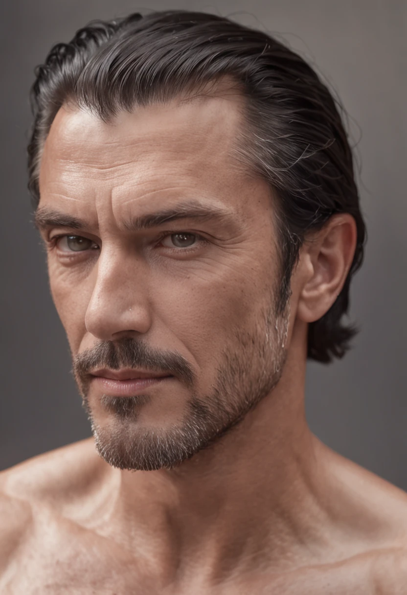 a handsome middle-aged majestic king with black slicked back hair and trimmed stubble, tanned, shirtless, topless, bronzed skin,