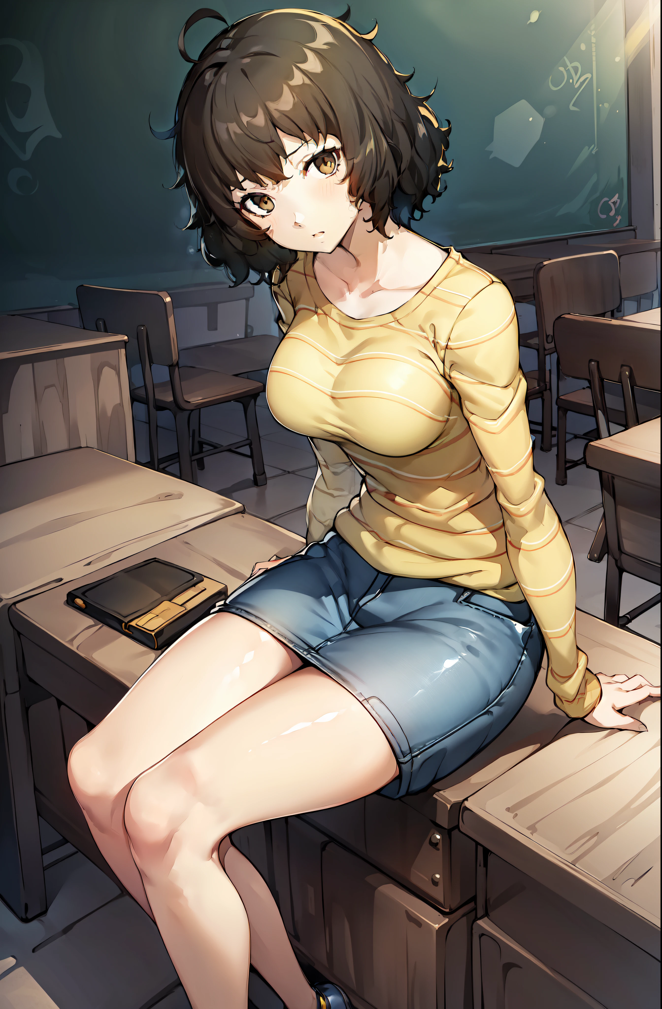 masterpiece, best quality, highres, illustration, high quality, highres, 1girl, solo, female focus, D-Cup breasts, ((yellow striped long sleeves, long blue denim skirt skirt, skirt goes down to knee)), denim shorts, teacher P5_Kawakami, sitting next to viewer, soejima shigenori, (persona 5:0.5), short hair, messy hair, brown eyes, closed mouth, straight mouth, blue denim skirt, long skirt, neutral expression, looking at viewer, volumetric lighting, face closeup, ((over-the-shoulder shot)),