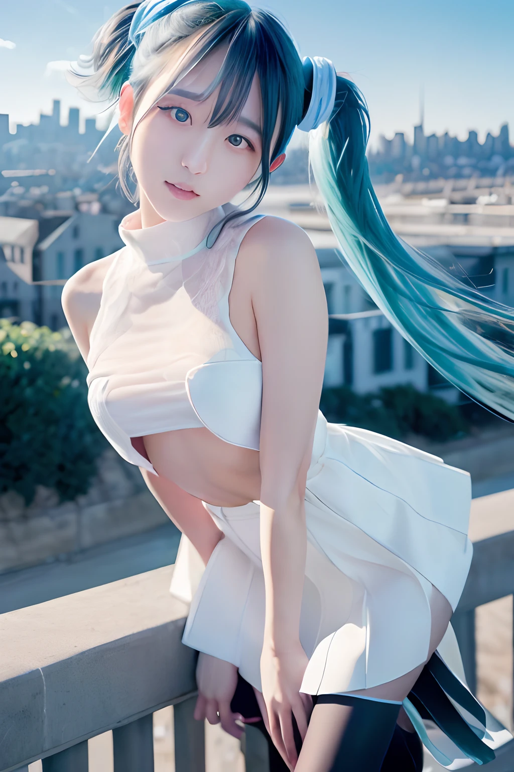 winc、Close one eye、miku hatsune、Official art, ​masterpiece, Sharp Focus, (Beautiful gorgeous cute korean woman:1.3), (Beautiful cute korean woman:1.3), Korean  beauty, Delicate Beautiful Hair and Eyes and Face, realisitic, ultra-detailliert, a beauty girl, blue-sky, Glow white particles, (side lights:1.2), rays of sunshine, white clouds, Fine clouds, A slender, Show your teeth and smile, ((one eye closed)), Scenic, Blunt bangs、sexy facial expression、buliding、(A city scape:1.7)、Dynamic Hair、Twin-tailed、Green hair、glowingblueeyes、(Green Pleated Shirt + Black skirt)、White long socks、de pele branca、hair adornments、Epic Landscapes、