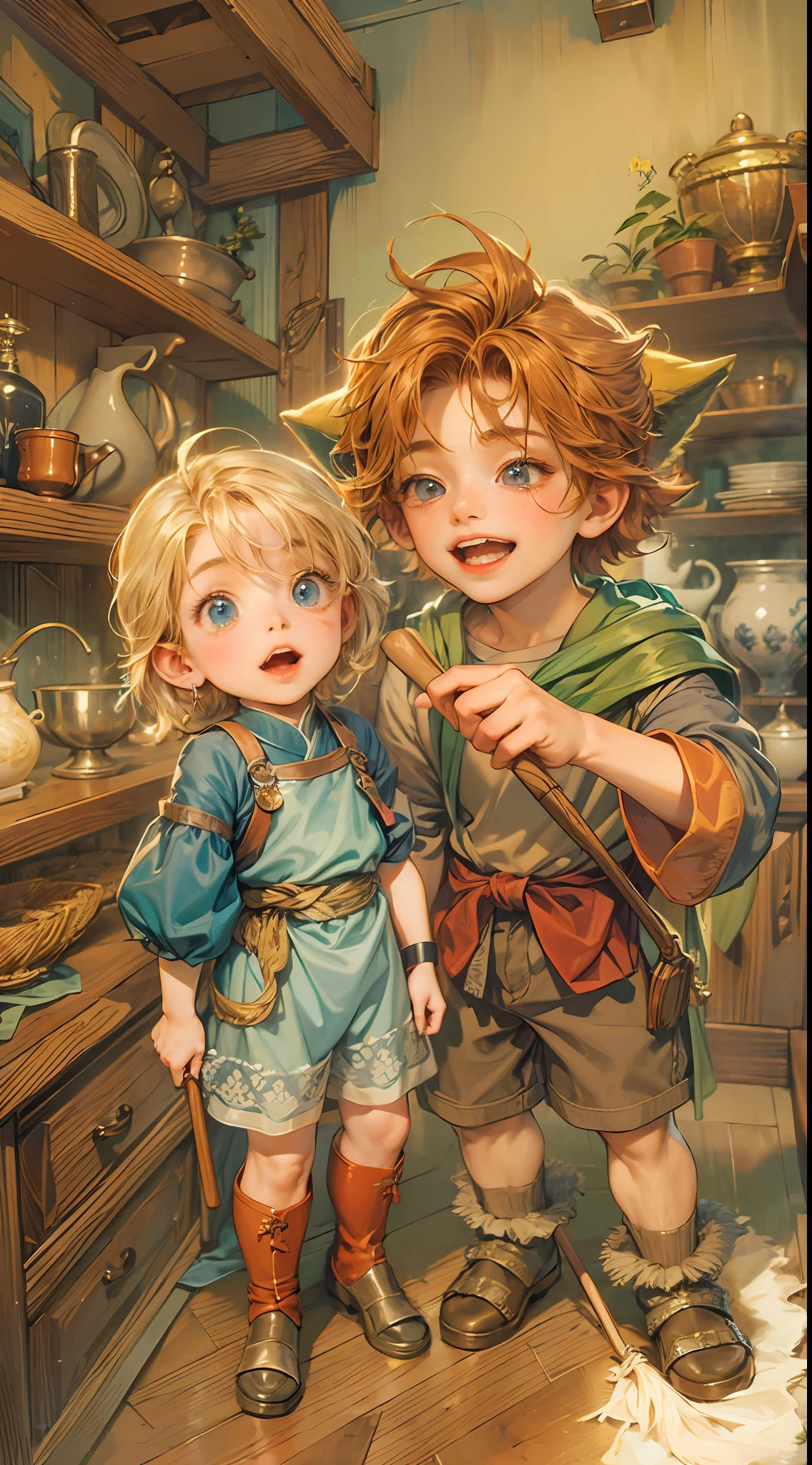 (absurdres, highres, ultra detailed, HDR), masterpiece, best quality, legend of mana character, handsome young hero, detailed face, handsome face, shiloh talking to two kids, holding a broom inside home, detailed character, detailed indoor, detailed home