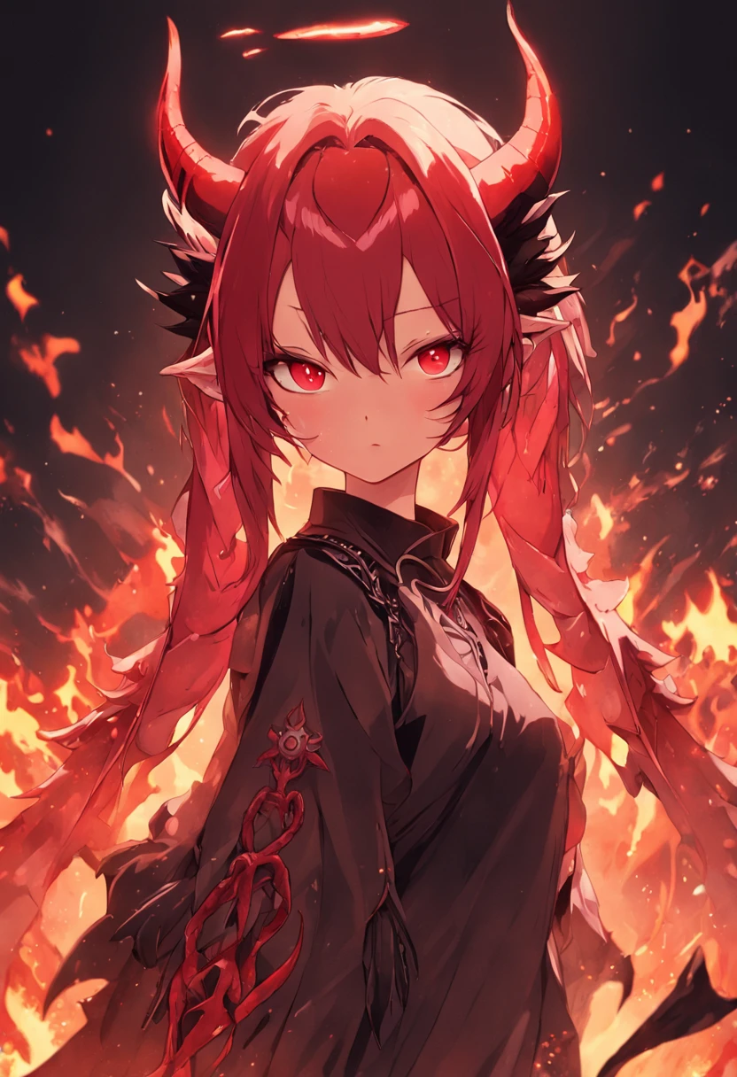 Devil girl with red hair twin tails and small horns、Elven ears with dragon eyes、large black feathers on the back,、Flame tattoos all over the body、Fallen Angel、Halo、Demons、Ryujin