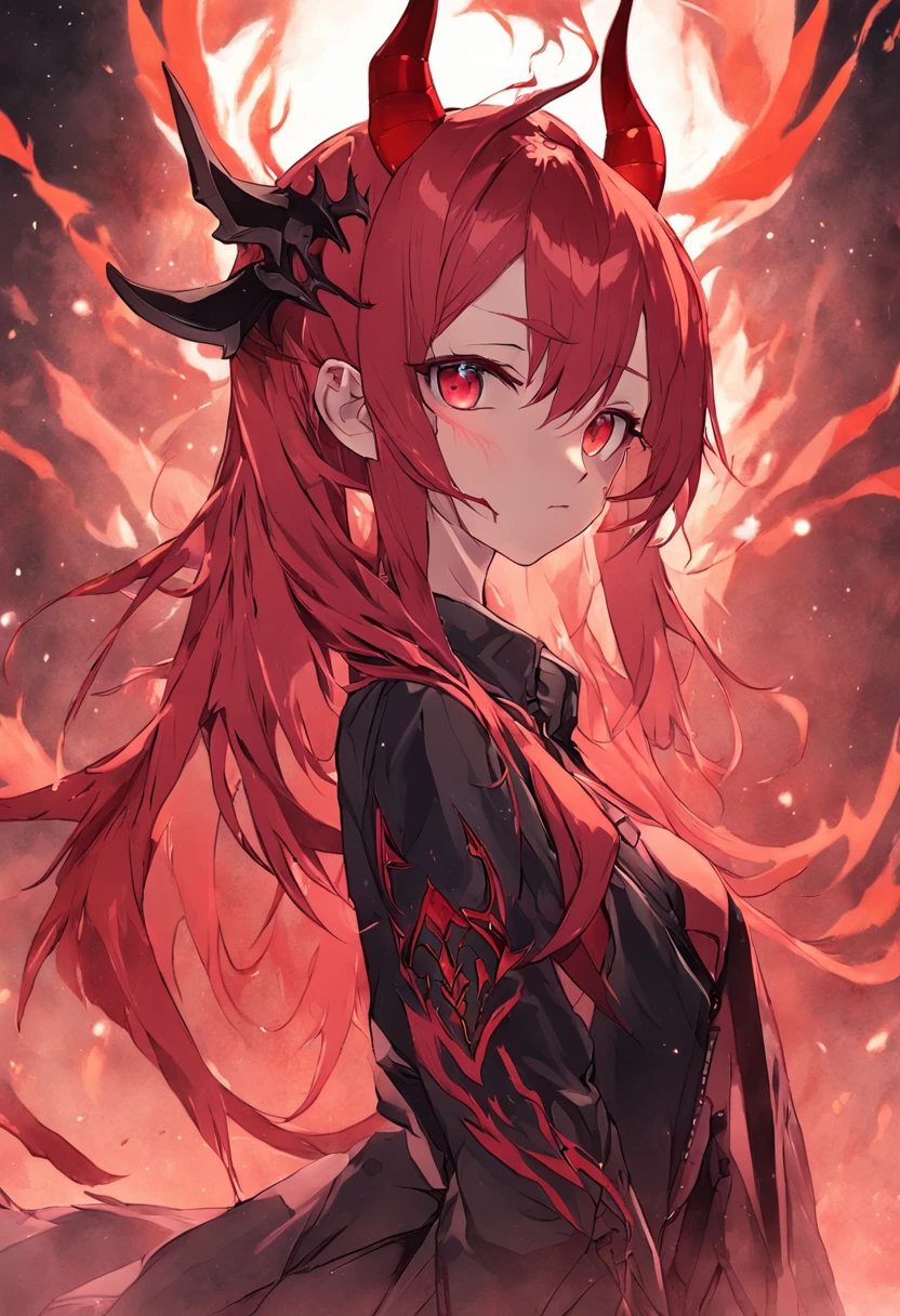 Devil girl with red hair twin tails and small horns、Elven ears with dragon eyes、large black feathers on the back,、Flame tattoos all over the body、Fallen Angel、Halo、Demons、Ryujin