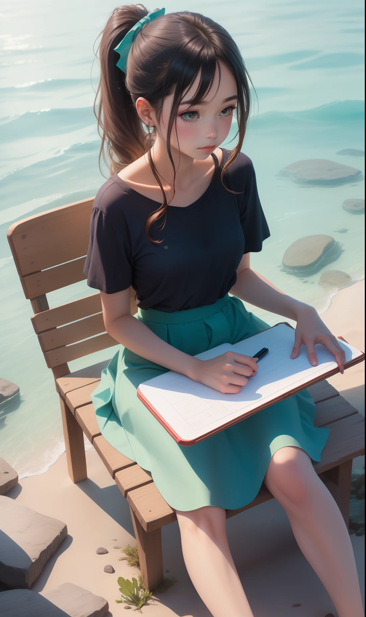 Linen ponytail girl sitting on an island reef in a short aqua blue skirt holding a sketch board